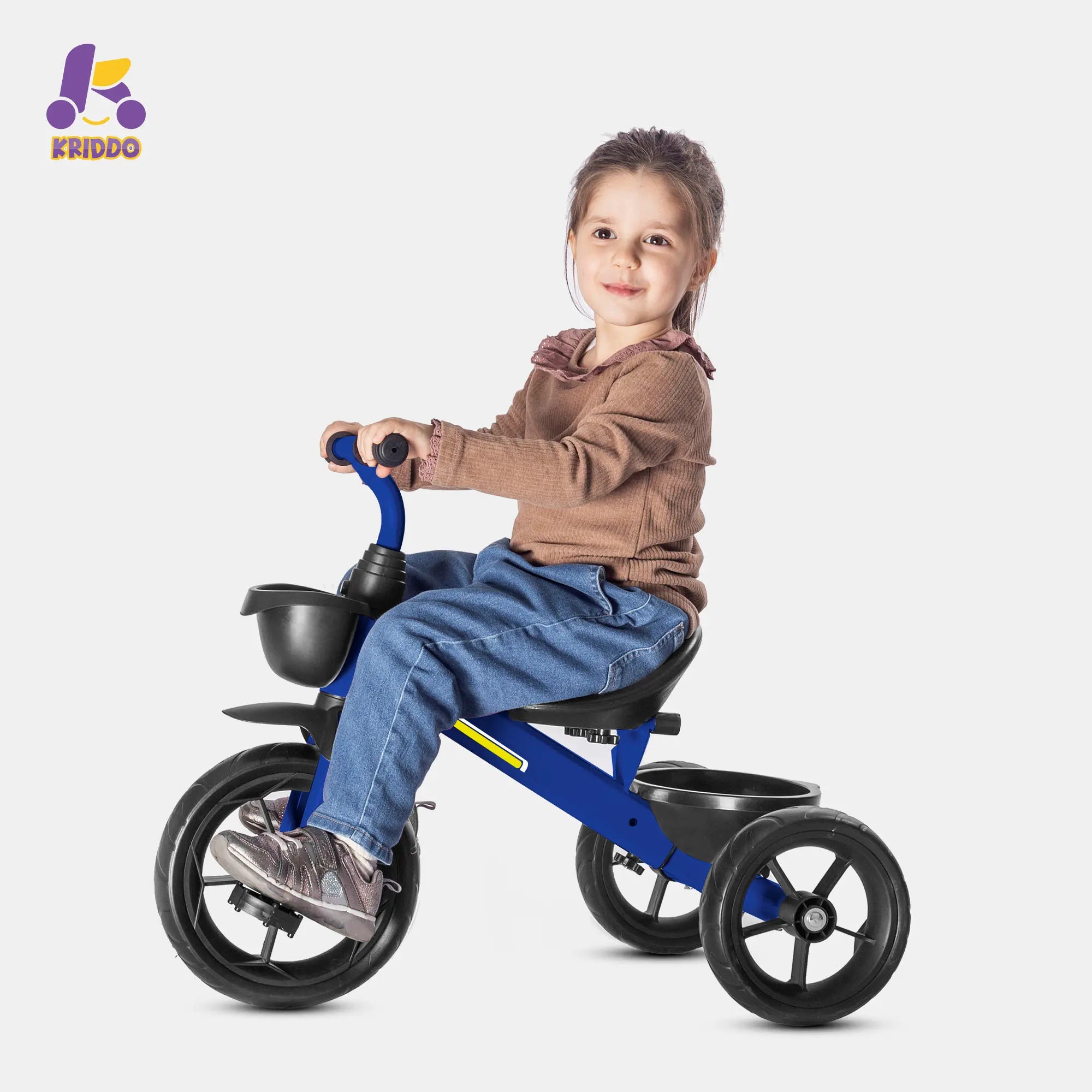 Toddler girl riding a KRIDDO blue 3 wheel bike  with a white background