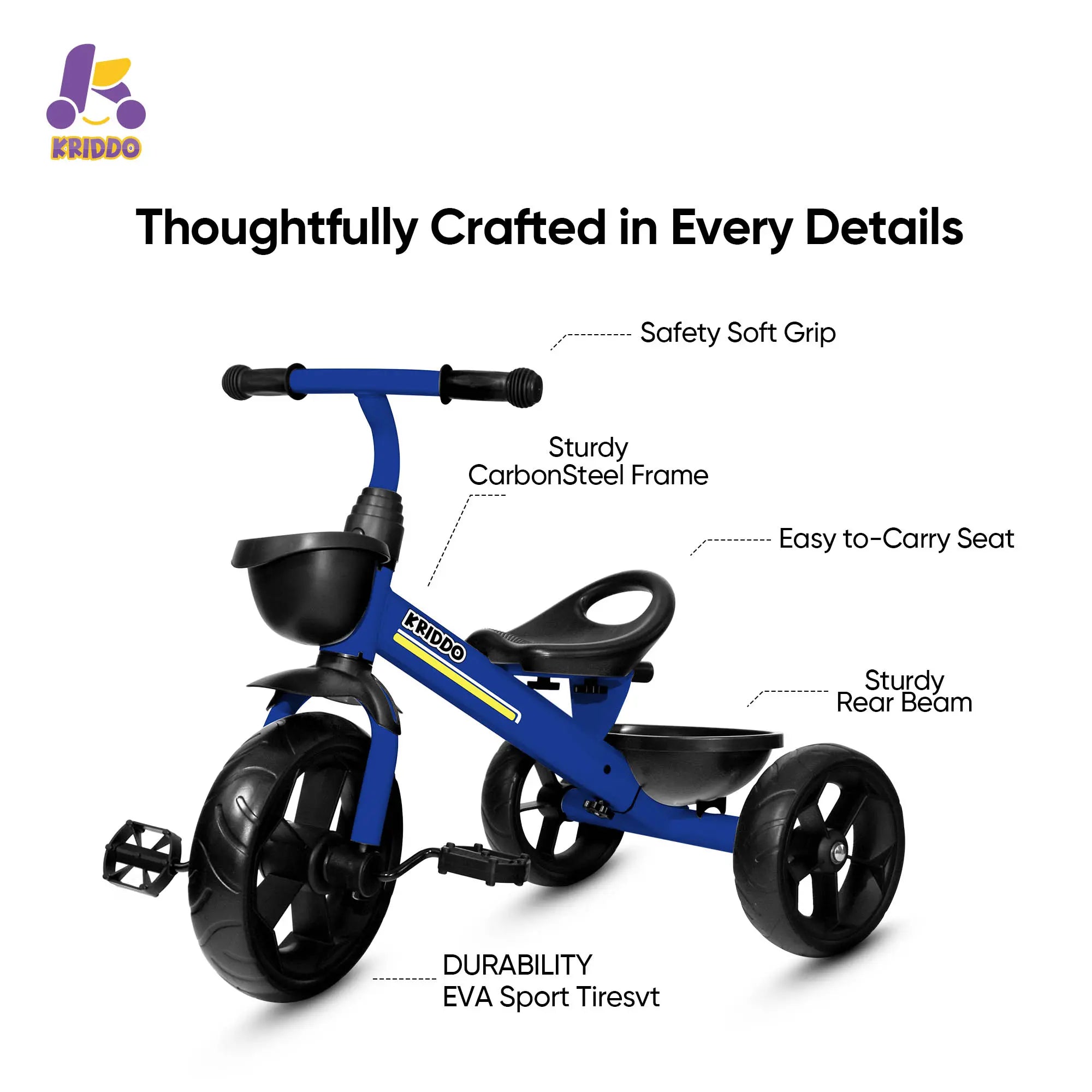 KRIDDO Toddler Training Tricycle With Fixed Wheels for 2 to 5 Years Old Features
