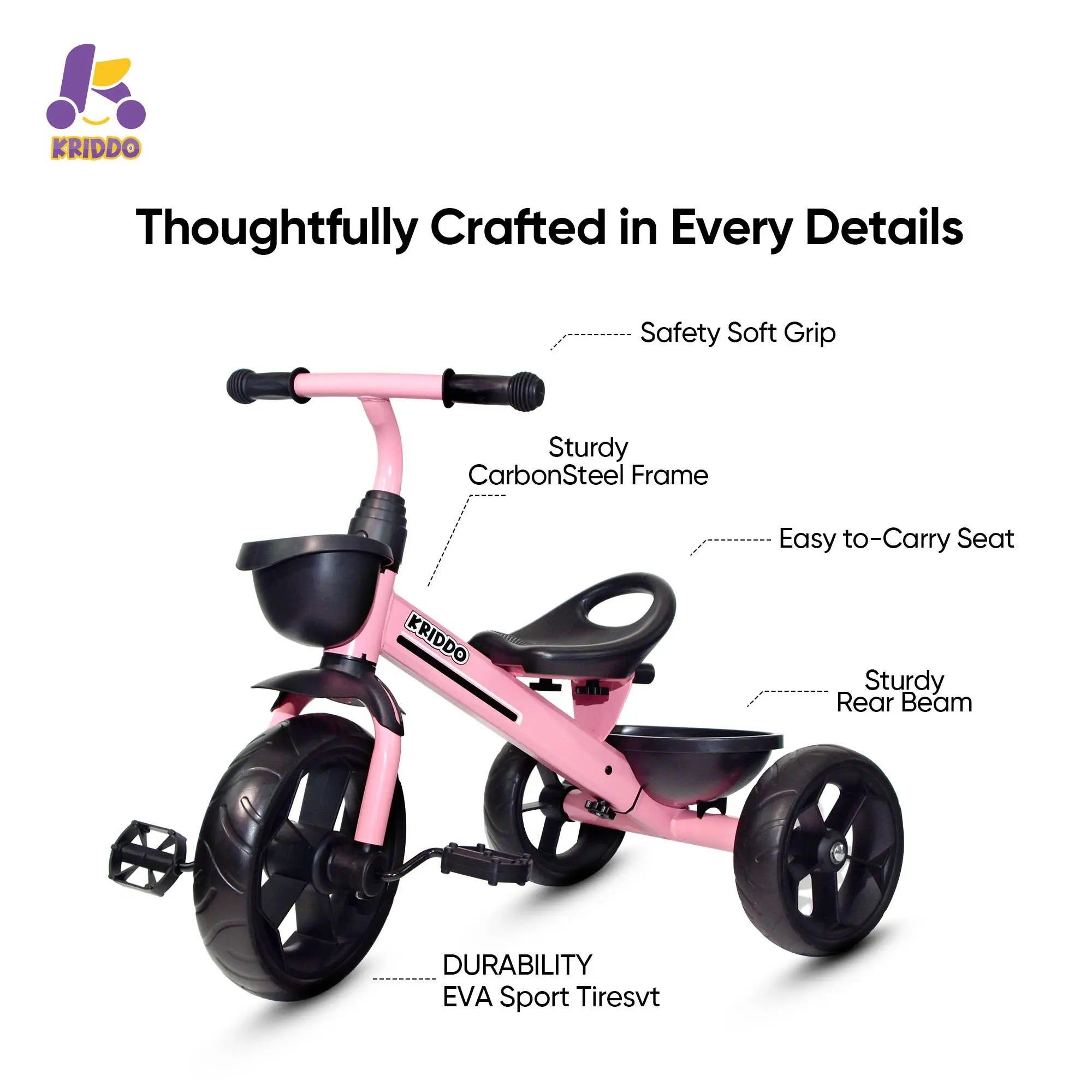 KRIDDO Toddler Training Tricycle With Fixed Wheels for 2 to 5 Years Old Pink
