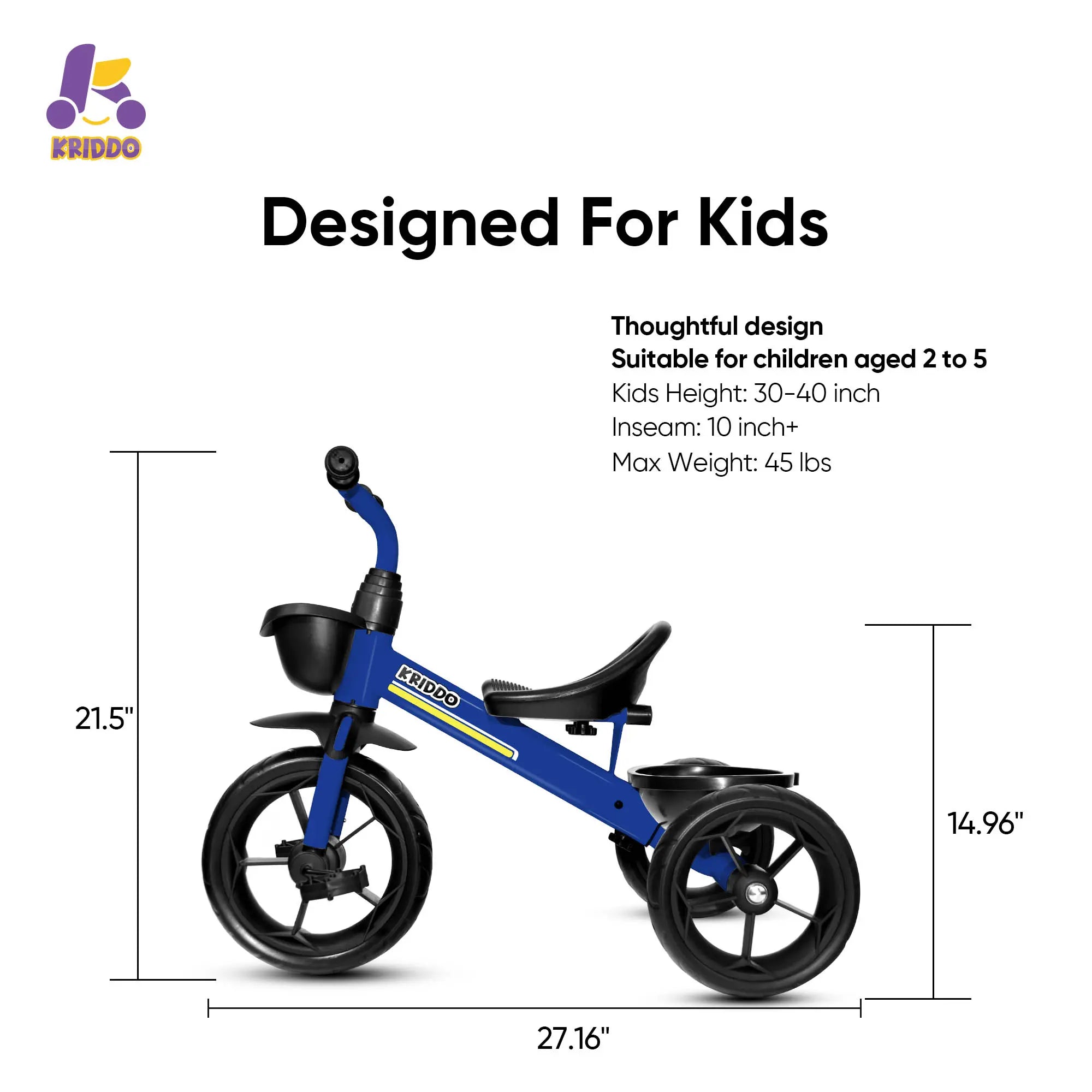 KRIDDO Blue 3 wheel bike with dimensions and specifications