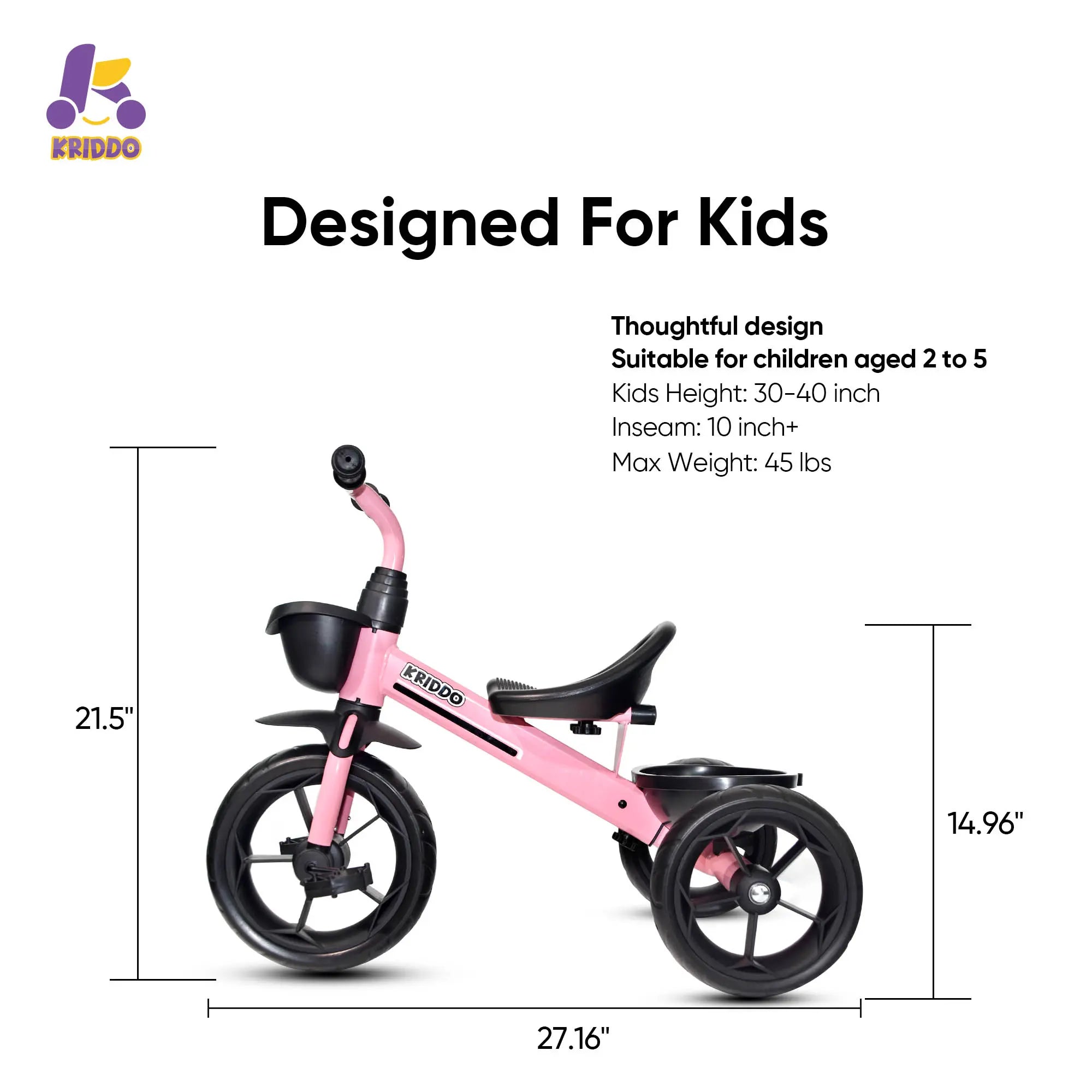 KRIDDO Toddler Training Tricycle With Fixed Wheels for 2 to 5 Years Old Pink