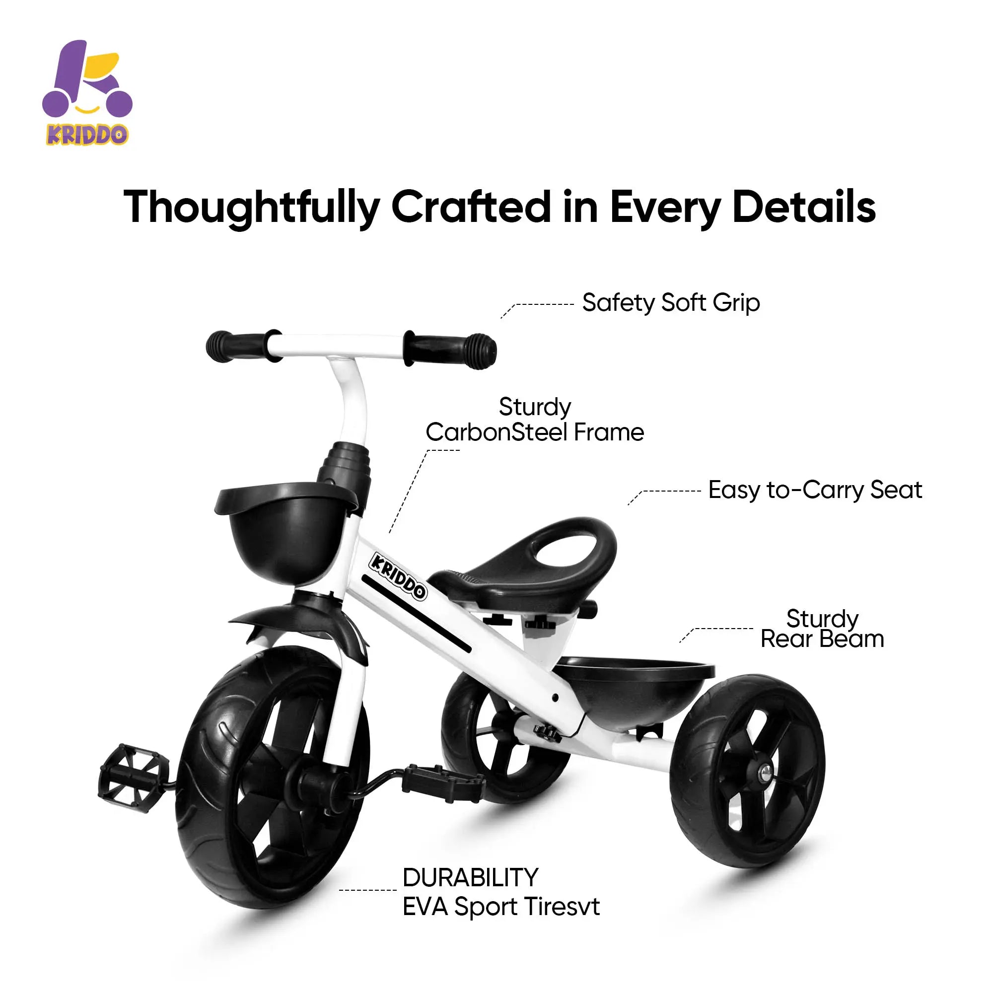 KRIDDO Toddler Training Tricycle With Fixed Wheels for 2 to 5 Years Old White Features
