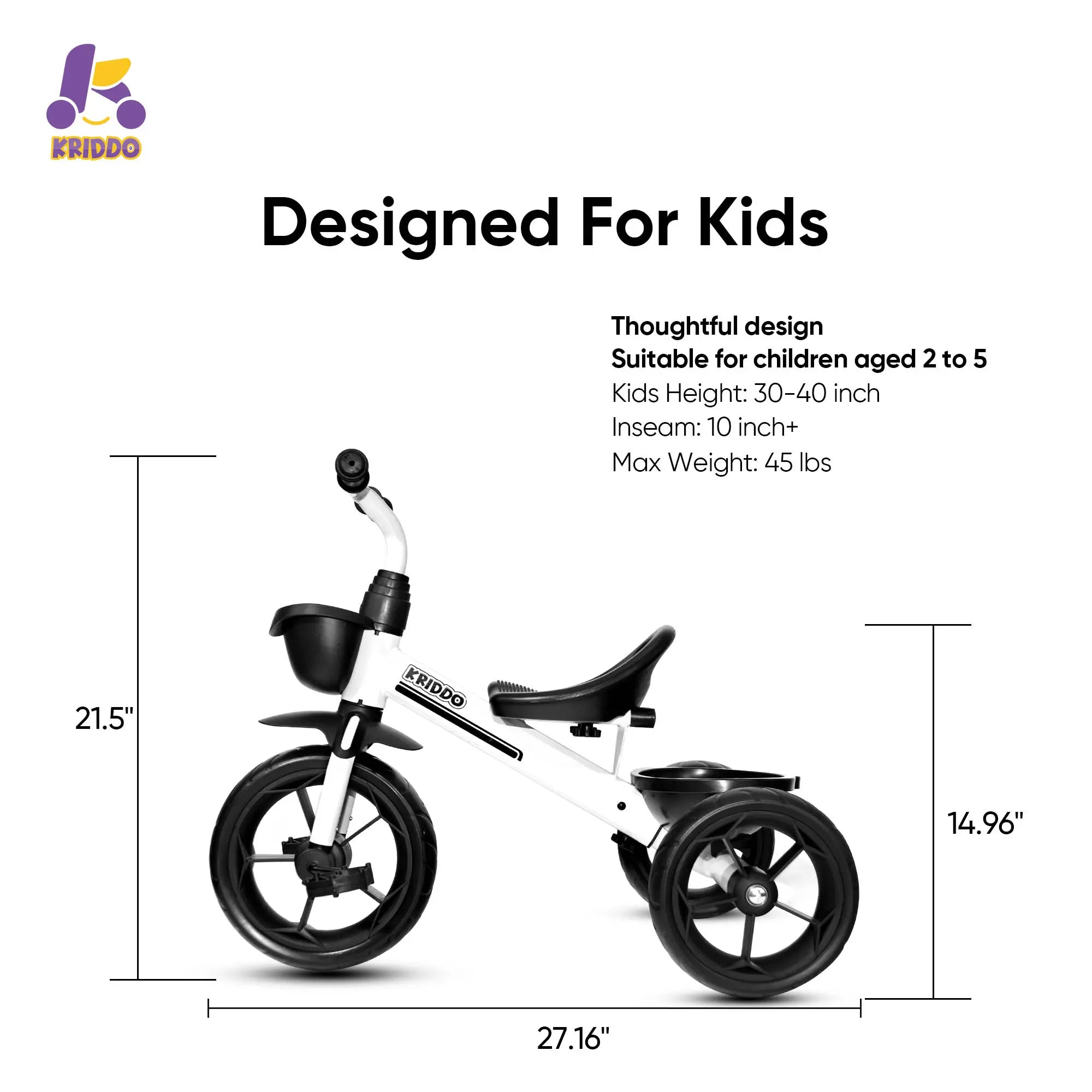 KRIDDO White 3 wheel bike with dimensions and specifications
