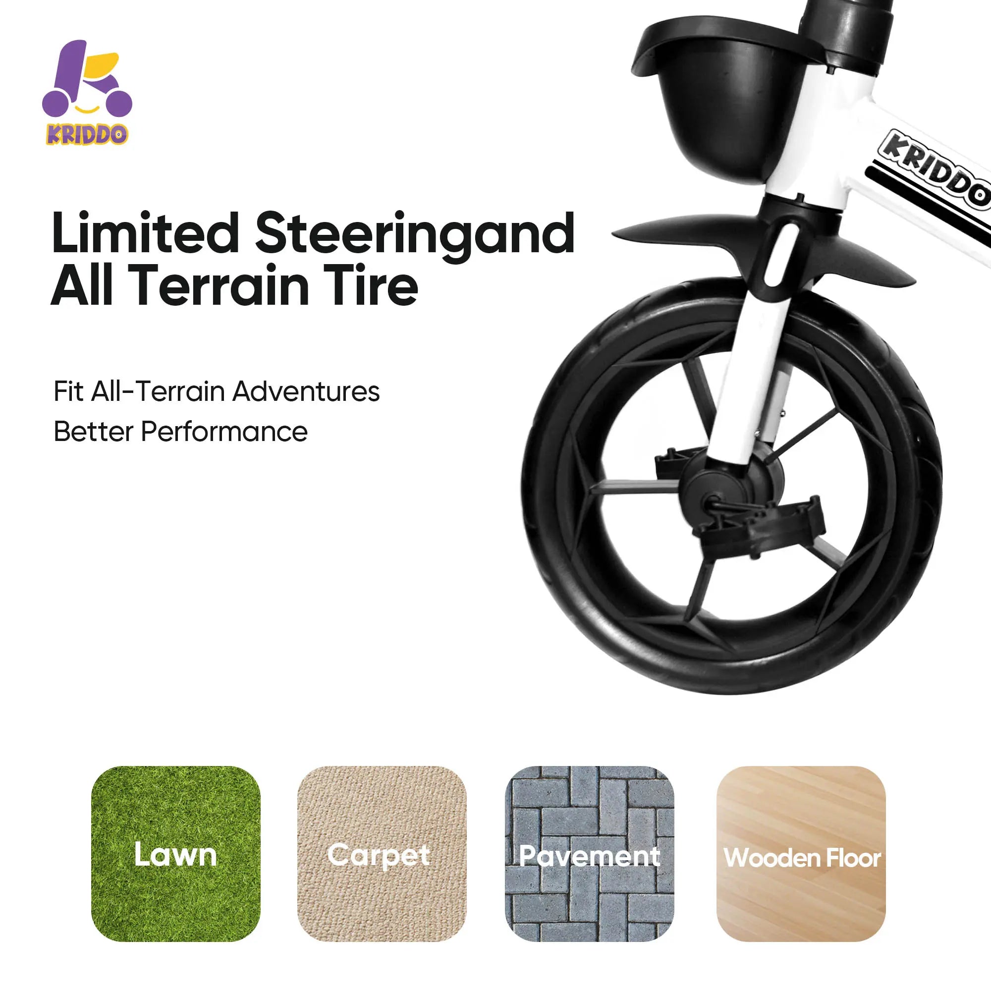 KRIDDO Training Tricycle with steering aid and all-terrain tire