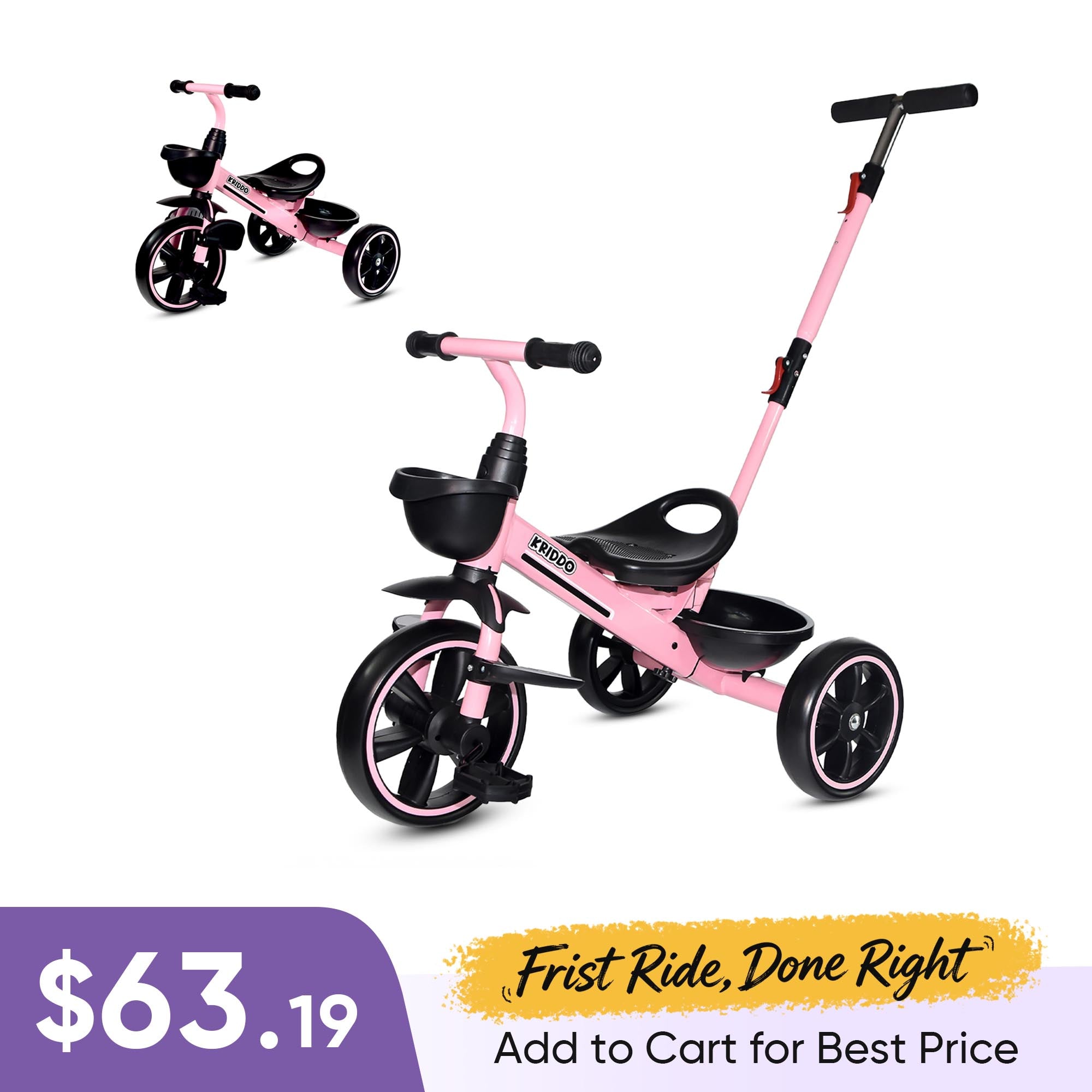 KRIDDO 2-in-1 Toddler Push Tricycle with Handle for 18 Months to 5 Years Old Pink