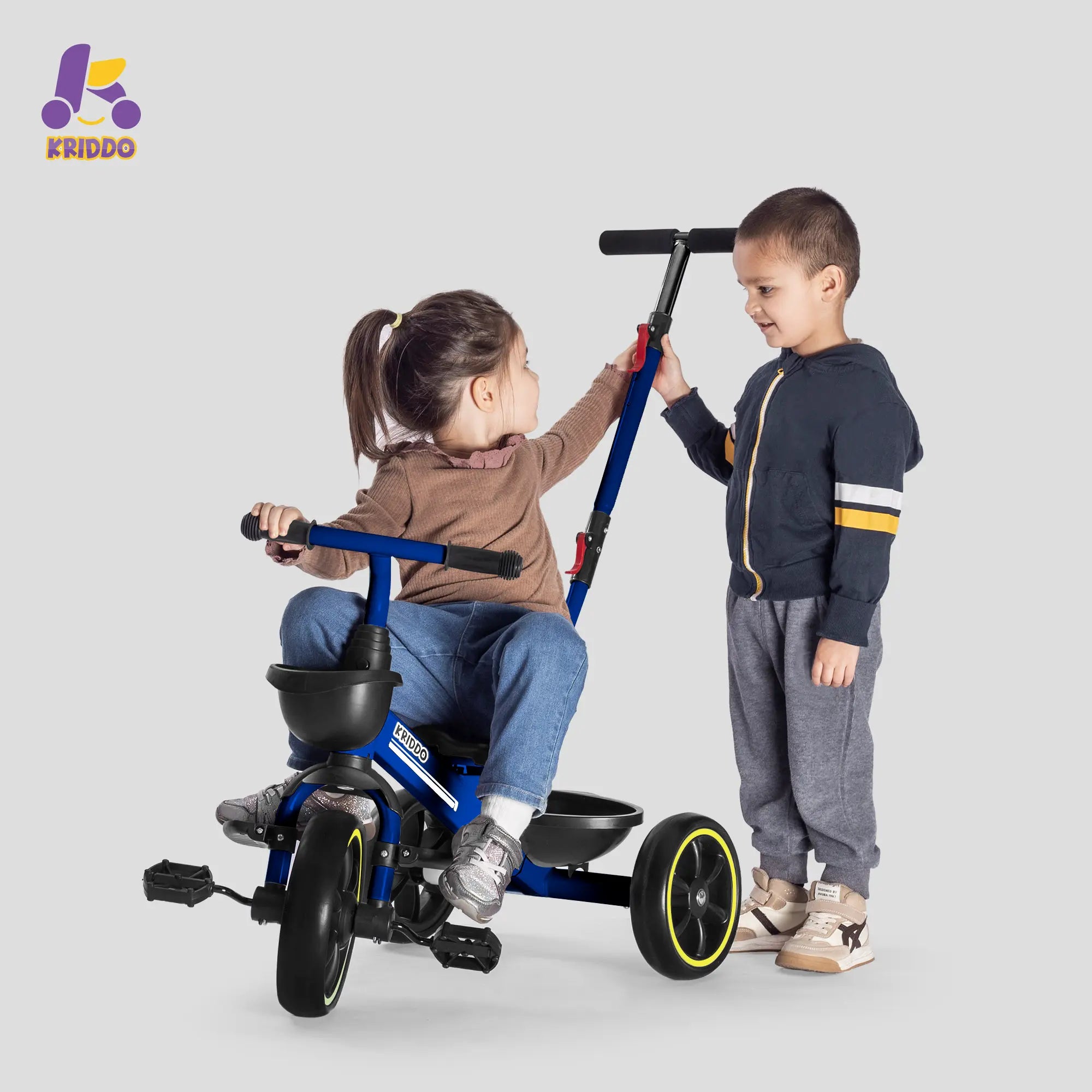 KRIDDO 2-in-1 Toddler Push Tricycle with Handle for 18 Months to 5 Years Old Blue