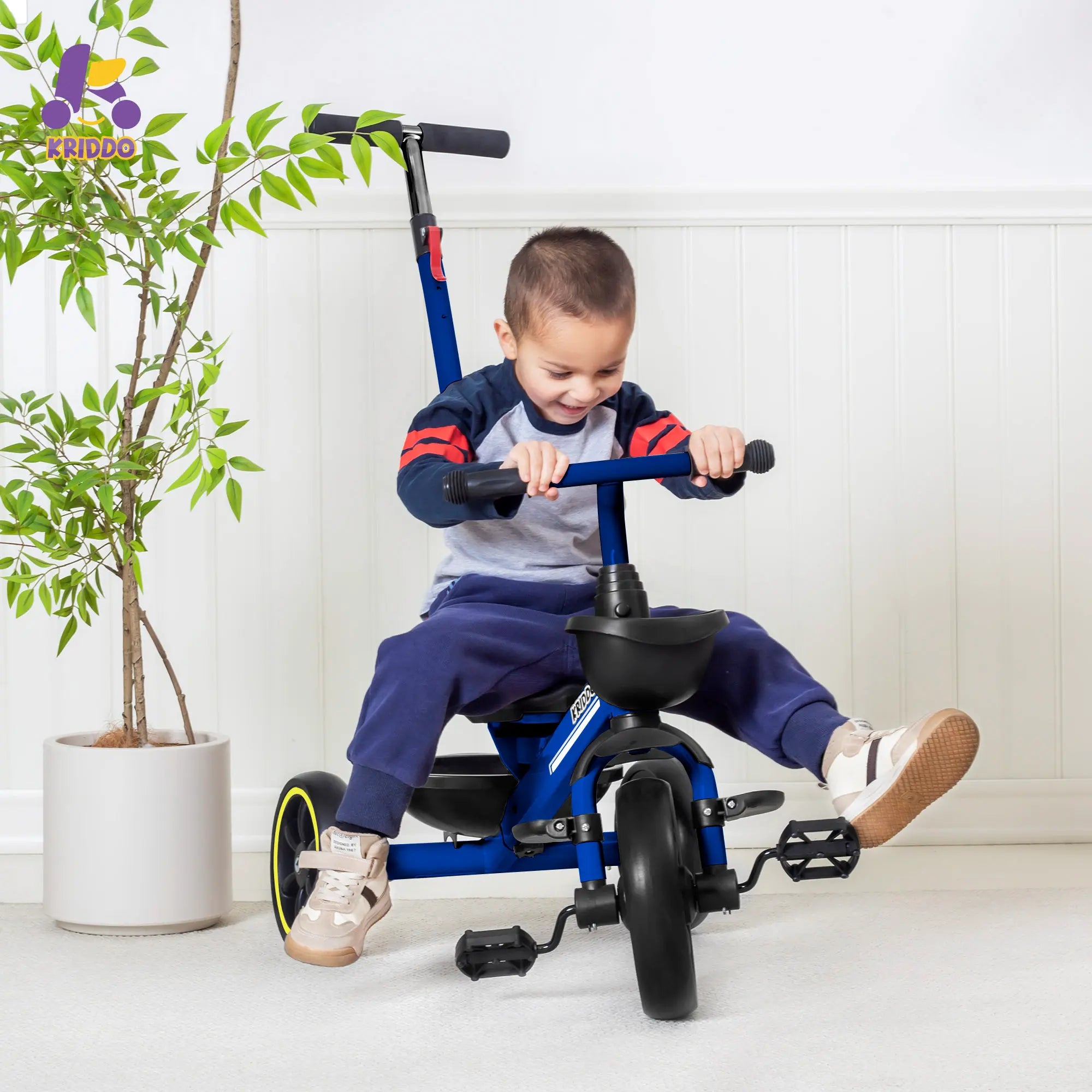KRIDDO 2-in-1 Toddler Push Tricycle with Handle for 18 Months to 5 Years Old Blue