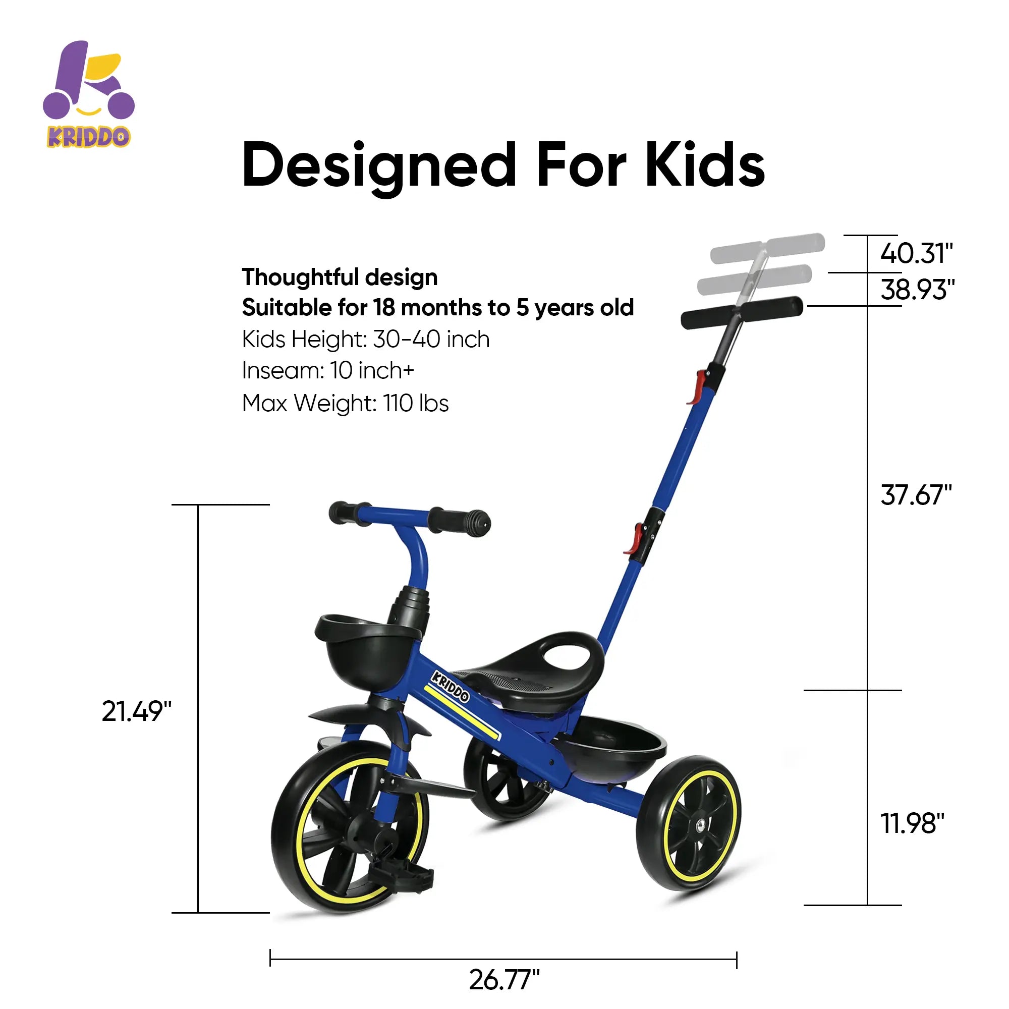 KRIDDO 2-in-1 Toddler Push Tricycle with Handle for 18 Months to 5 Years Old Blue