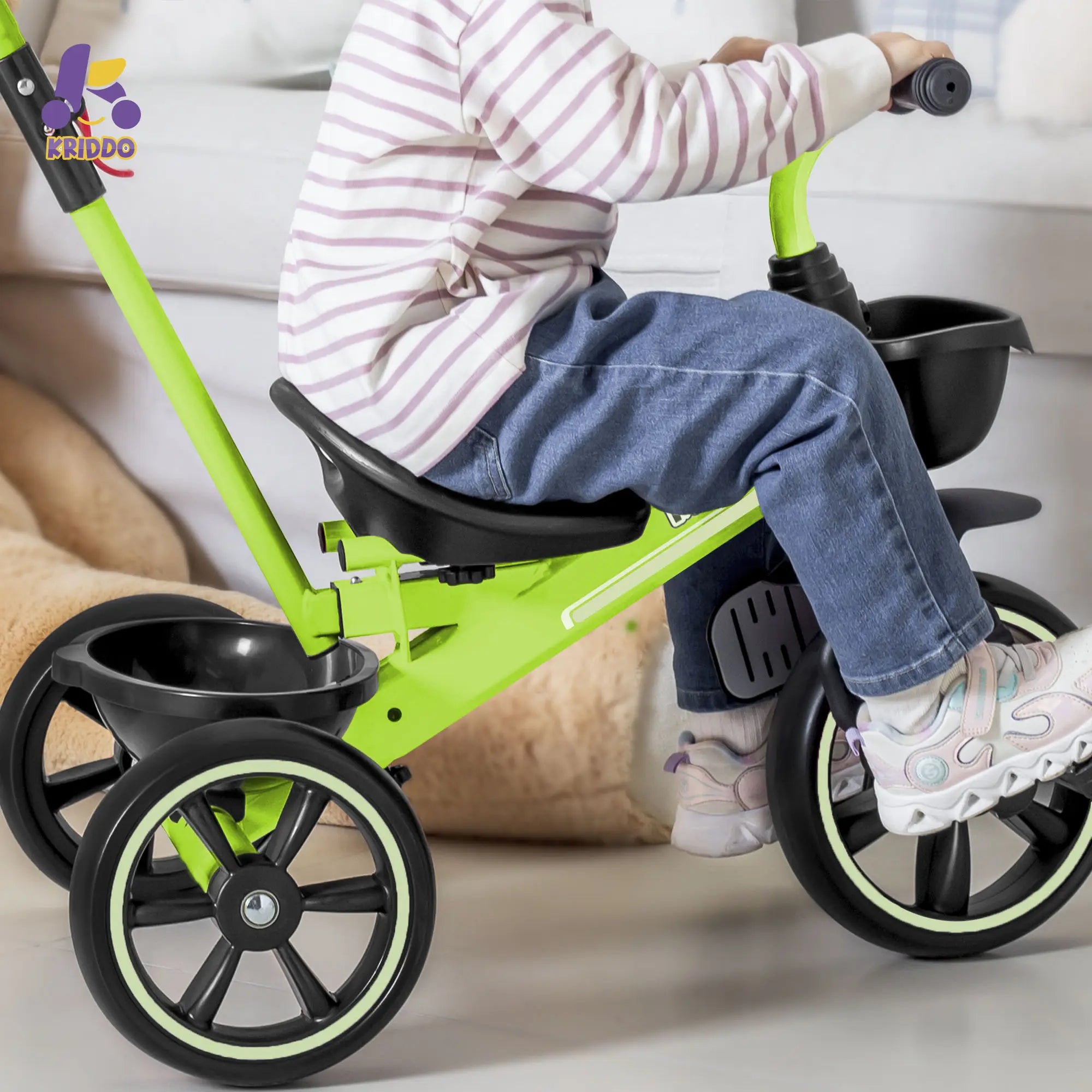 KRIDDO 2-in-1 Toddler Push Tricycle with Handle for 18 Months to 5 Years Old Green