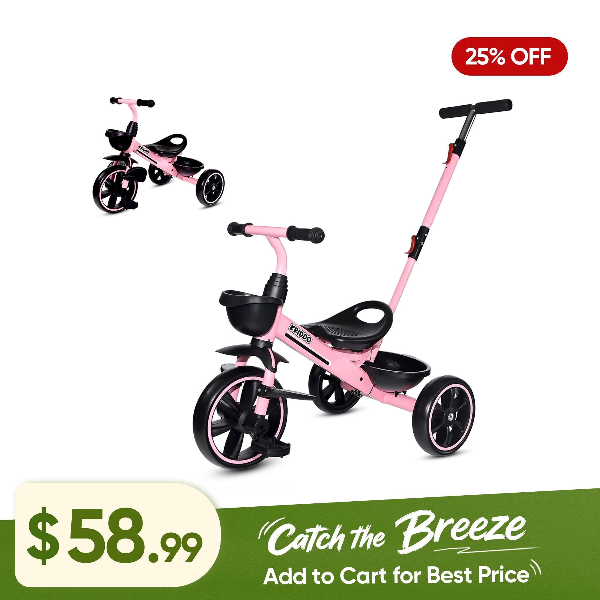 KRIDDO 2-in-1 Toddler Push Tricycle with Handle for 18 Months to 5 Years Old Pink