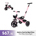 KRIDDO 2-in-1 Toddler Push Tricycle with Handle for 18 Months to 5 Years Old Pink