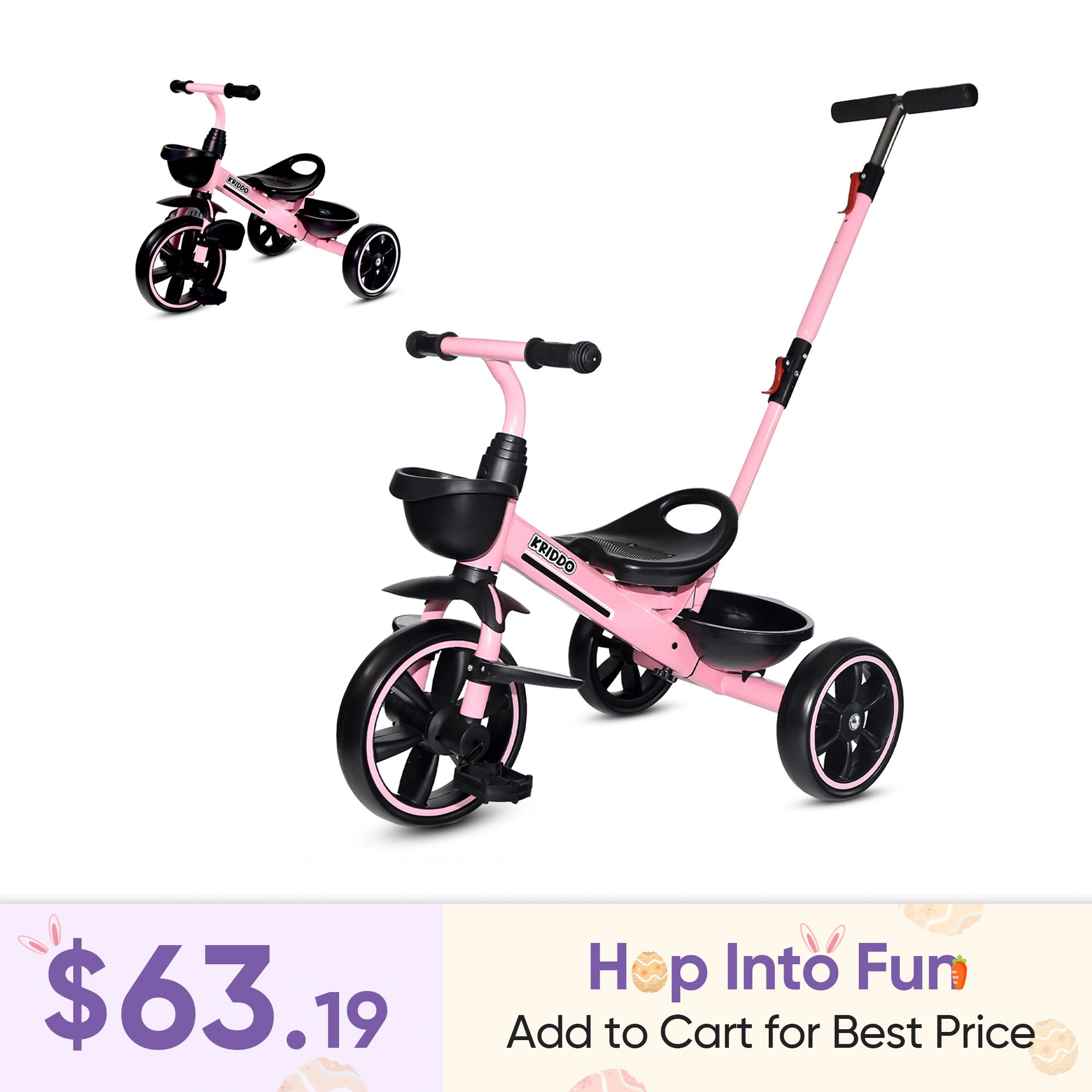 KRIDDO 2-in-1 Toddler Push Tricycle with Handle for 18 Months to 5 Years Old Pink