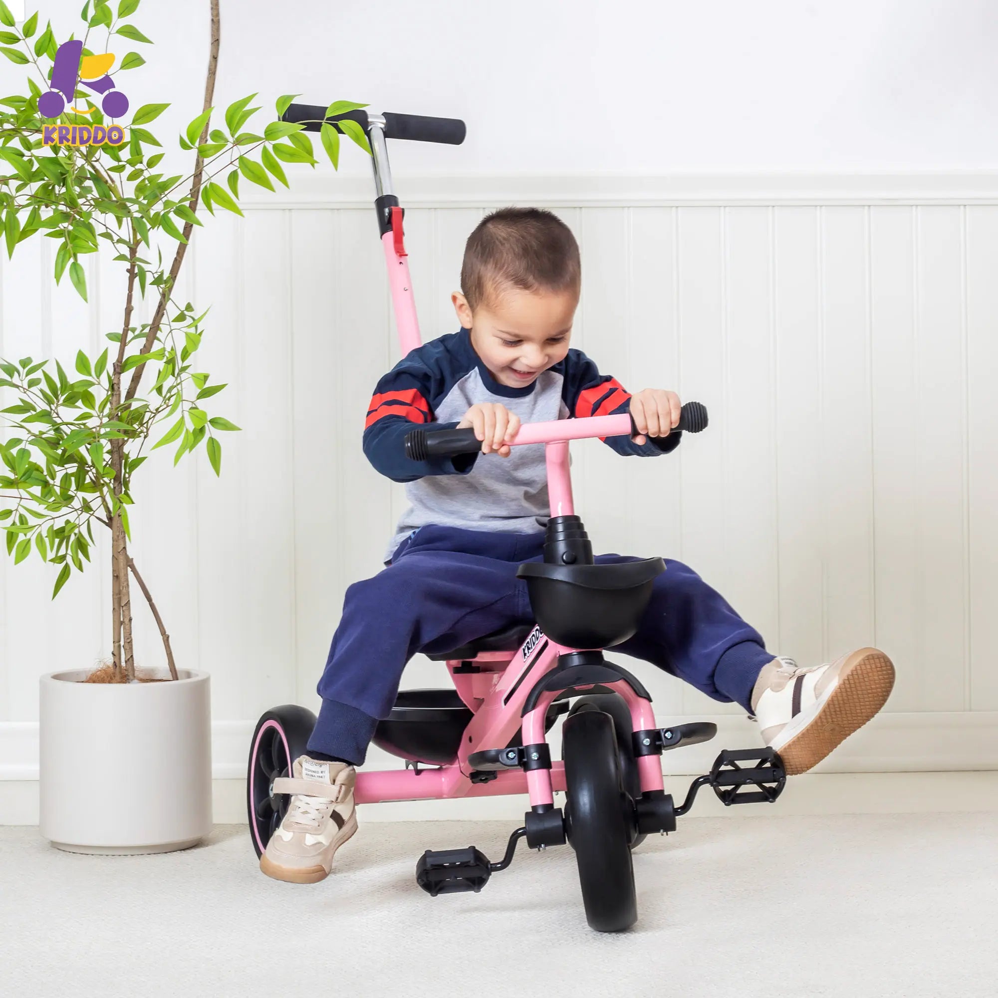 KRIDDO 2-in-1 Toddler Push Tricycle with Handle for 18 Months to 5 Years Old Pink