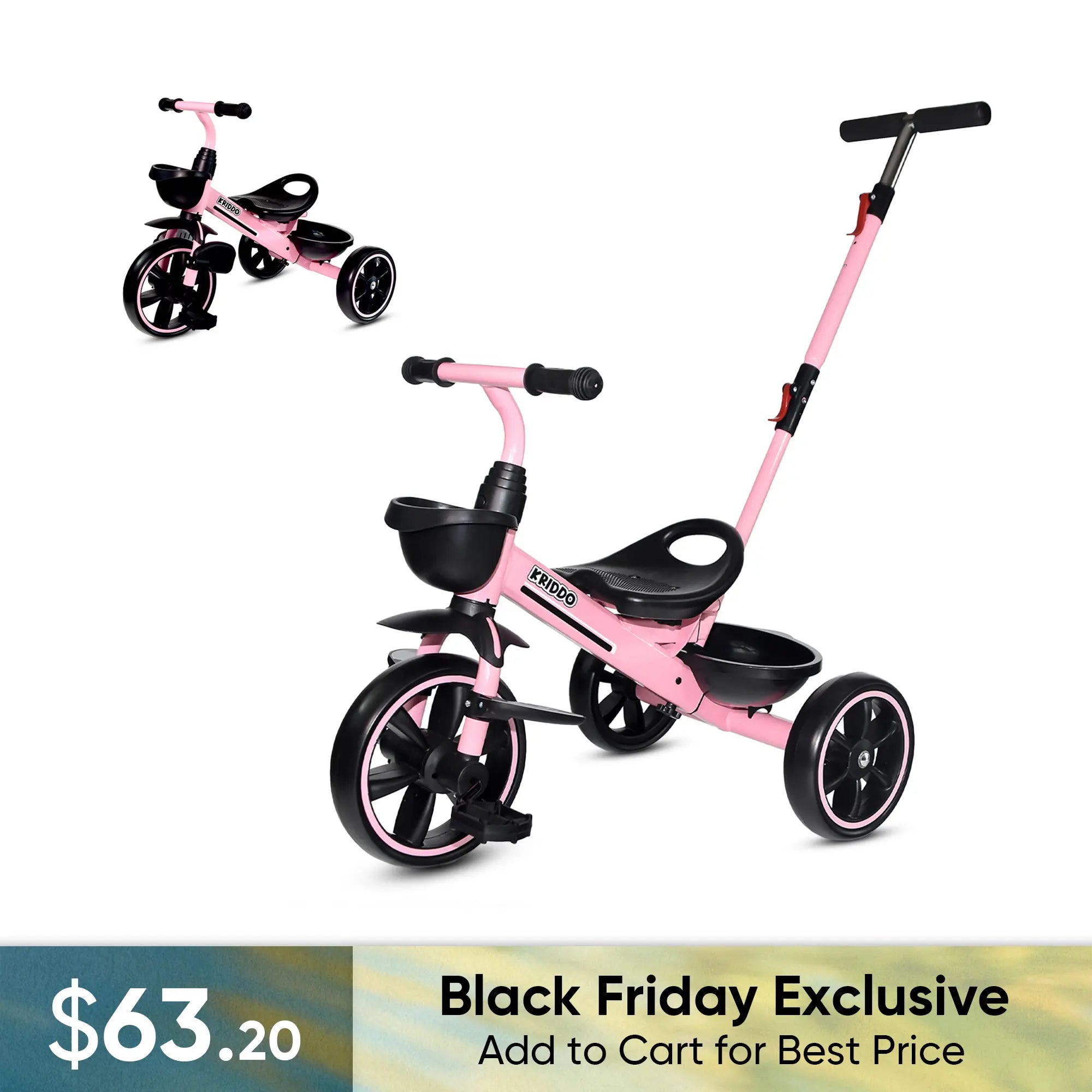 KRIDDO 2-in-1 Toddler Push Tricycle with Handle for 18 Months to 5 Years Old Pink