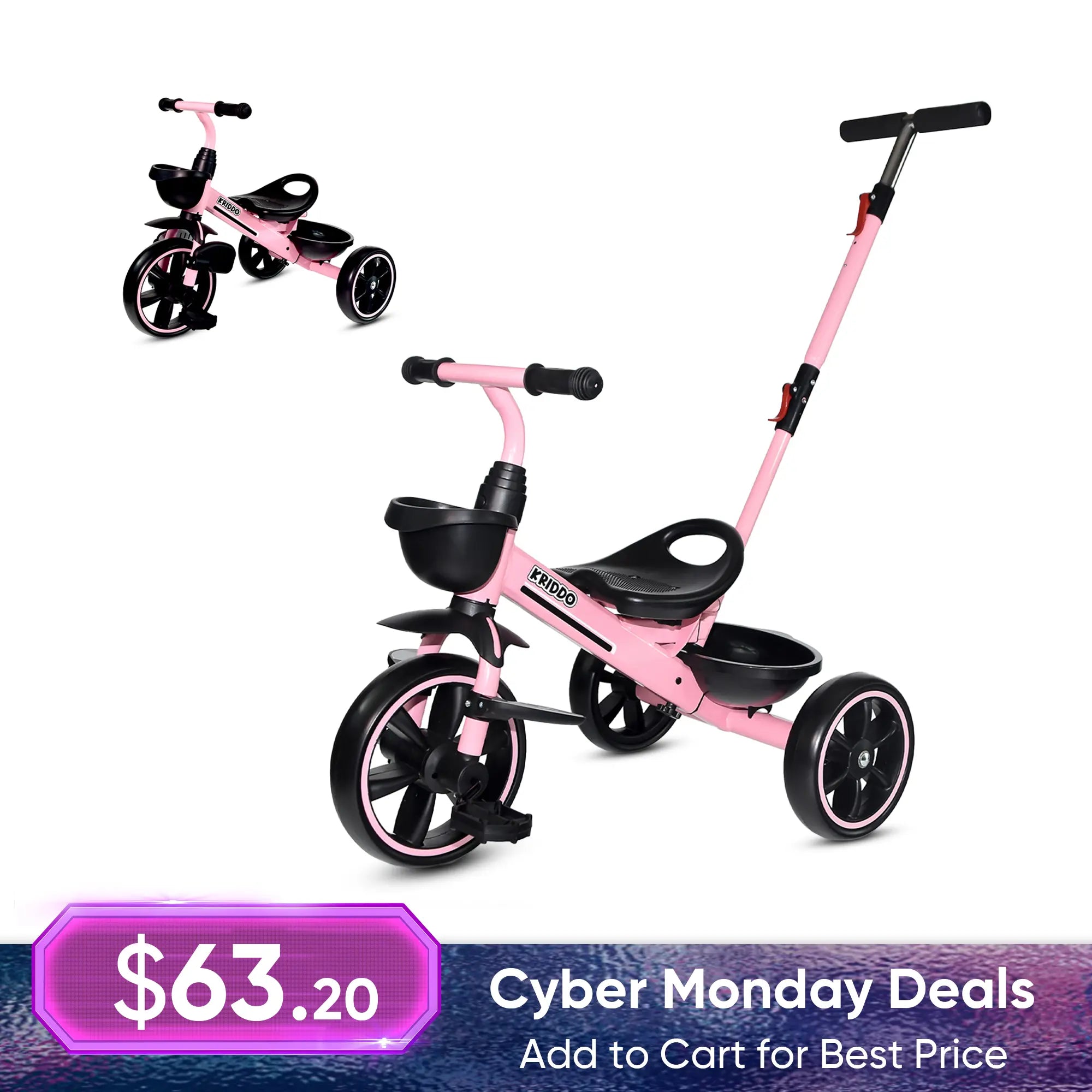 KRIDDO 2-in-1 Toddler Push Tricycle with Handle for 18 Months to 5 Years Old Pink