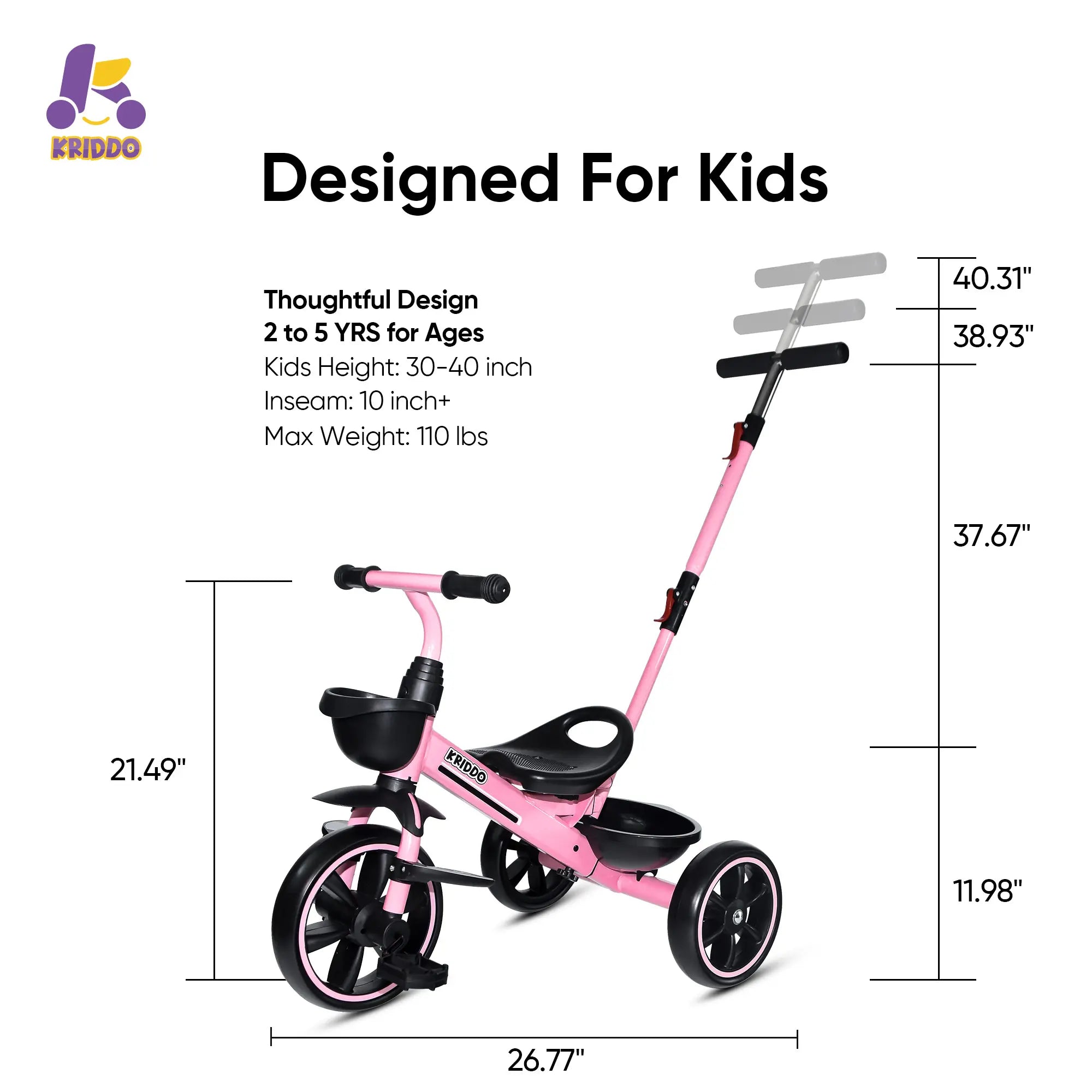 KRIDDO 2-in-1 Toddler Push Tricycle with Handle for 18 Months to 5 Years Old Pink
