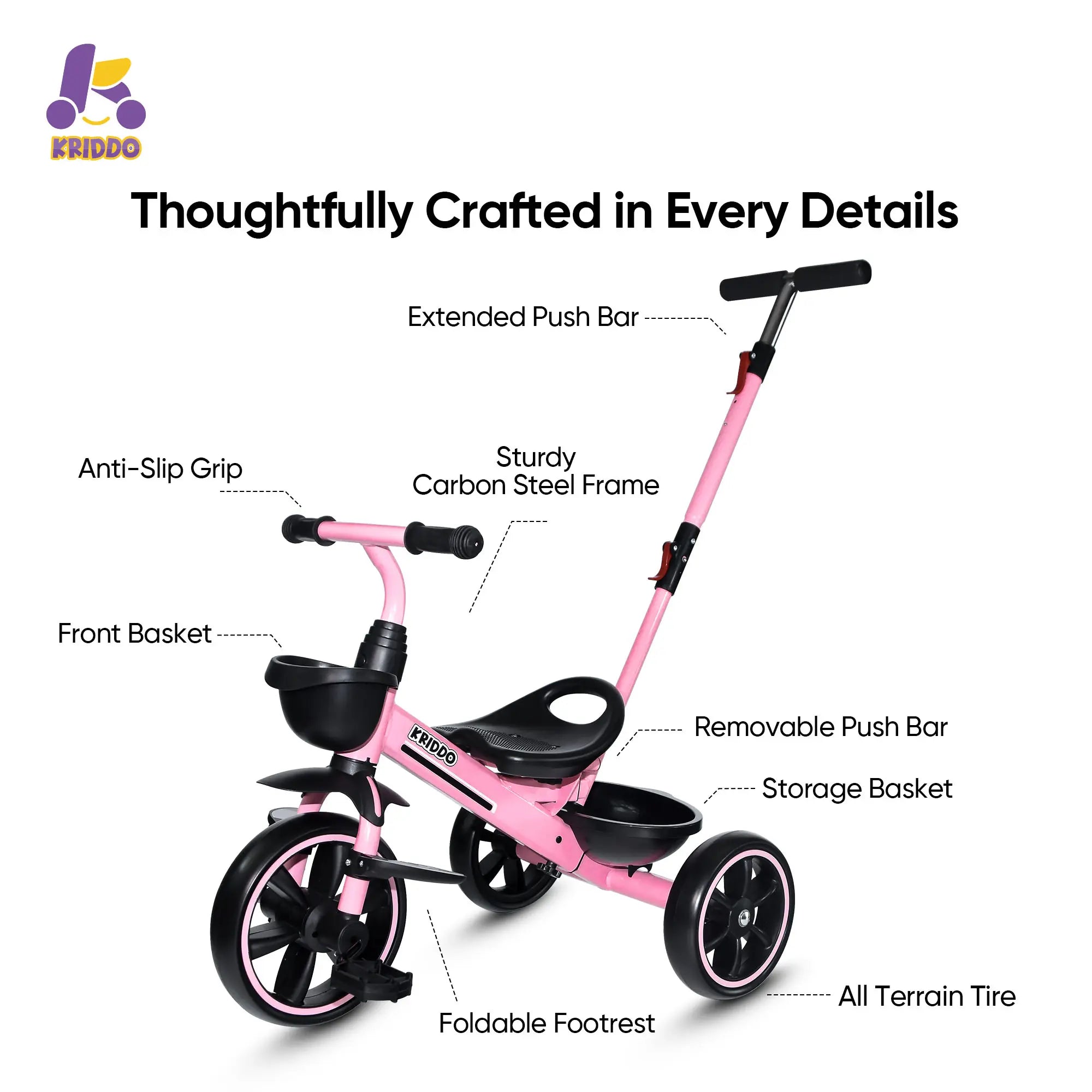 KRIDDO 2-in-1 Toddler Push Tricycle with Handle for 18 Months to 5 Years Old Pink