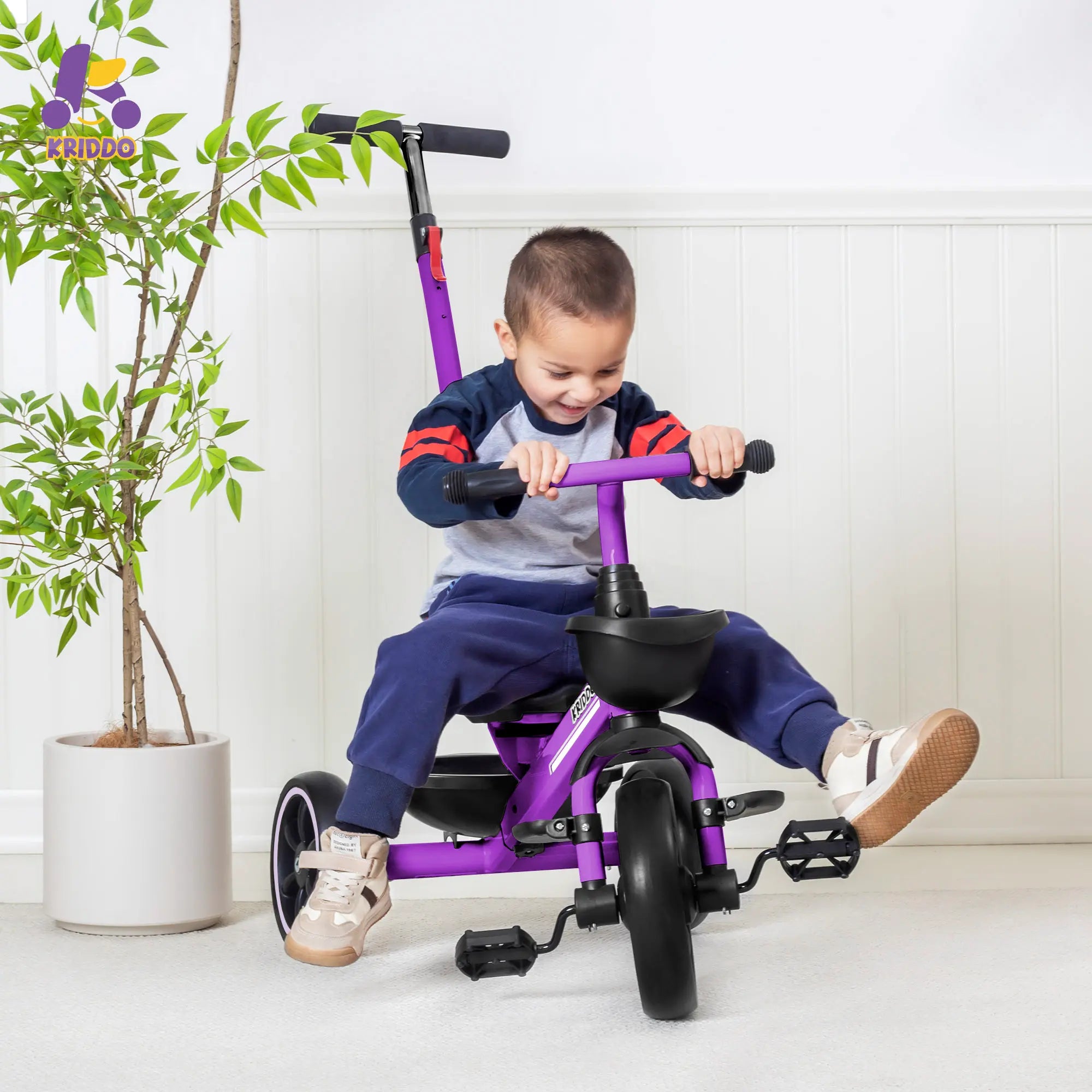 KRIDDO 2-in-1 Toddler Push Tricycle with Handle for 18 Months to 5 Years Old Purple