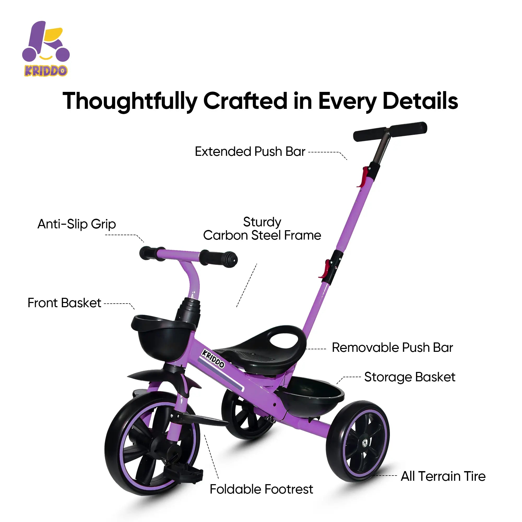KRIDDO 2-in-1 Toddler Push Tricycle with Handle for 18 Months to 5 Years Old Purple