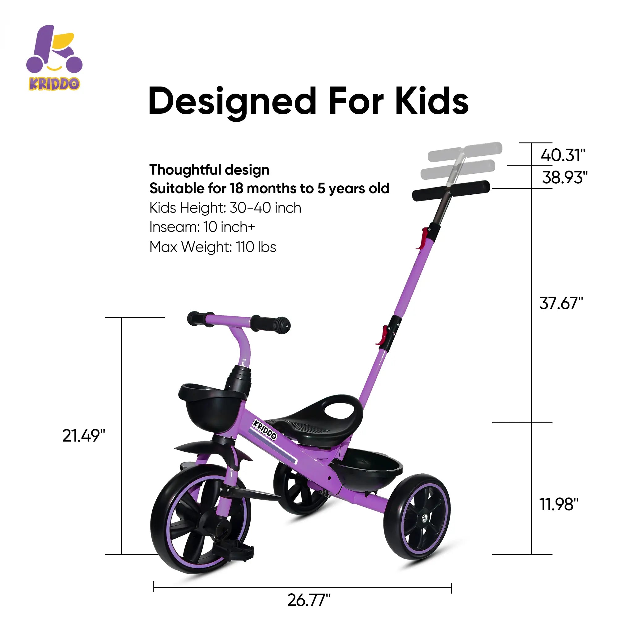 KRIDDO 2-in-1 Toddler Push Tricycle with Handle for 18 Months to 5 Years Old Purple