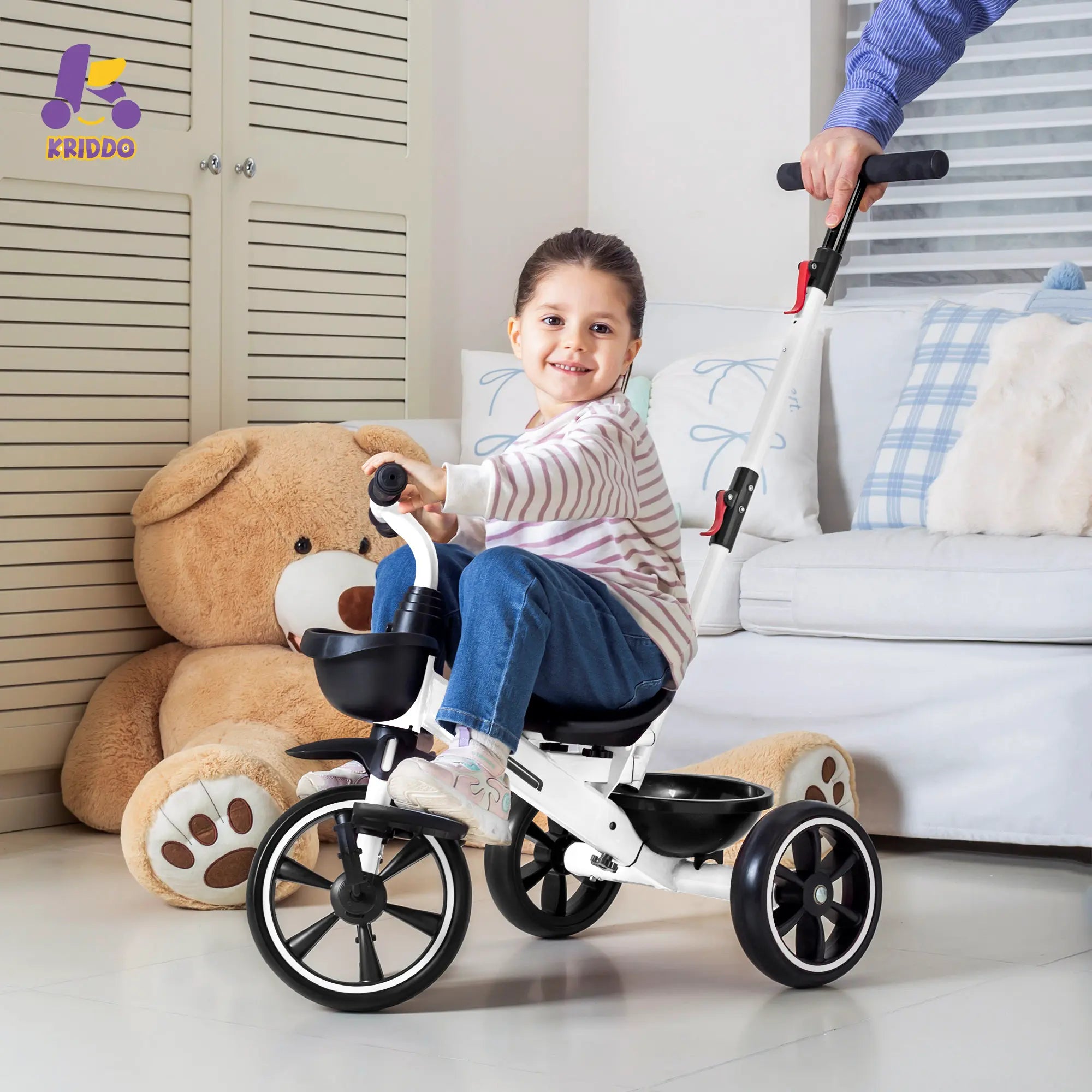 KRIDDO 2-in-1 Toddler Push Tricycle with Handle for 18 Months to 5 Years Old White