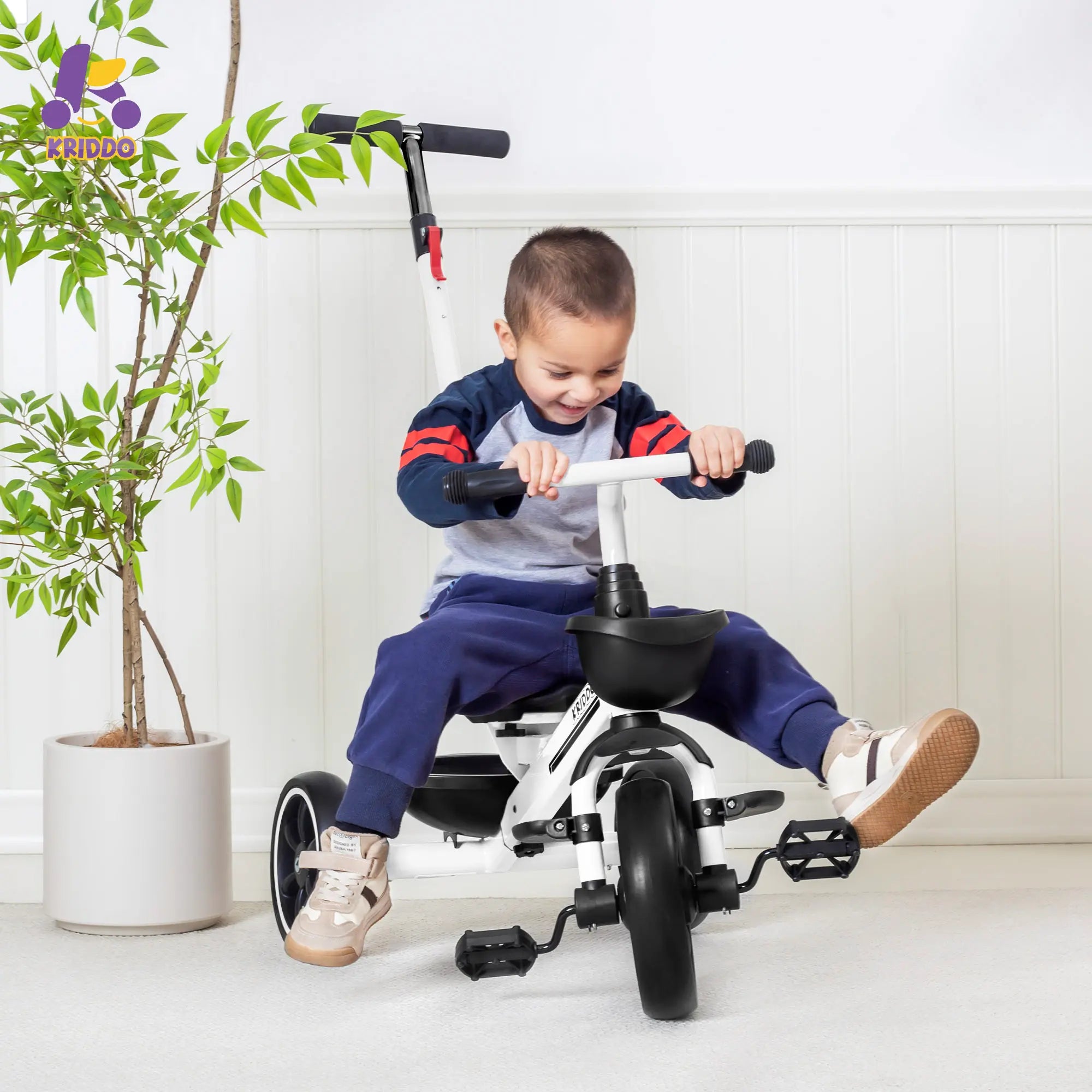 KRIDDO 2-in-1 Toddler Push Tricycle with Handle for 18 Months to 5 Years Old White