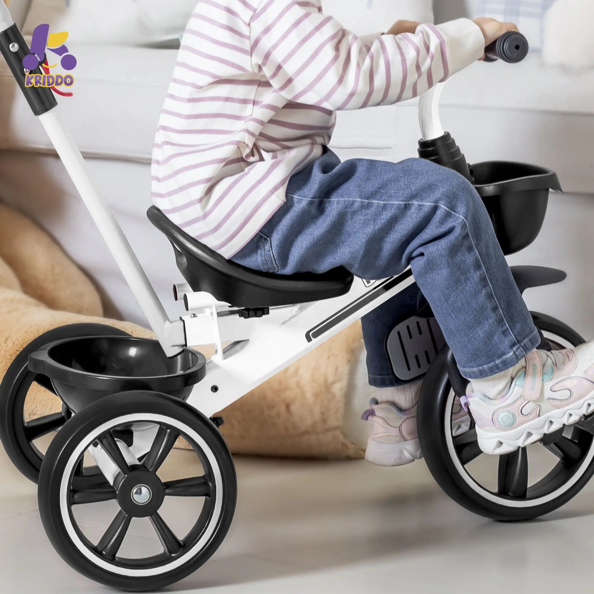 KRIDDO 2-in-1 Toddler Push Tricycle with Handle for 18 Months to 5 Years Old White