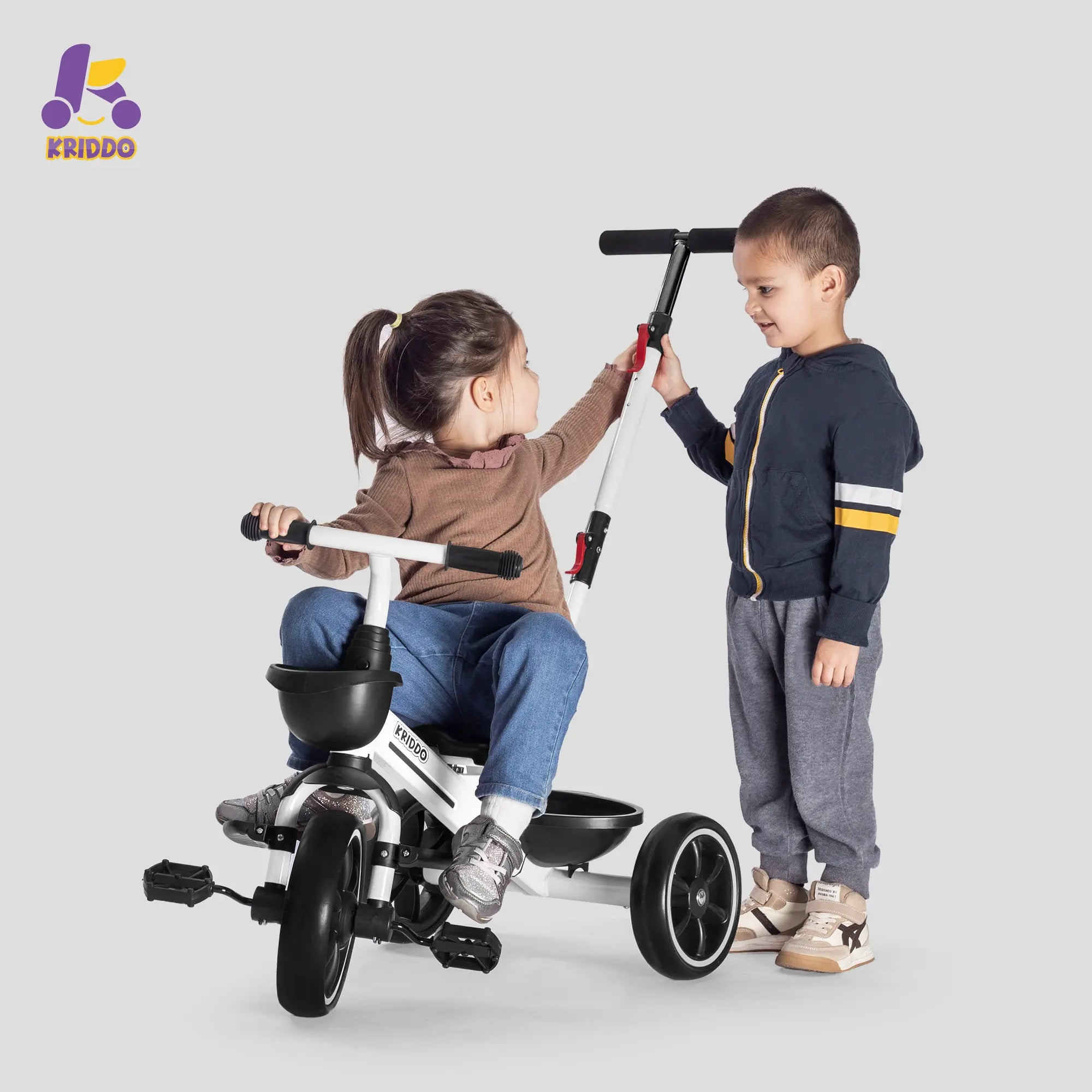 KRIDDO 2-in-1 Toddler Push Tricycle with Handle for 18 Months to 5 Years Old White