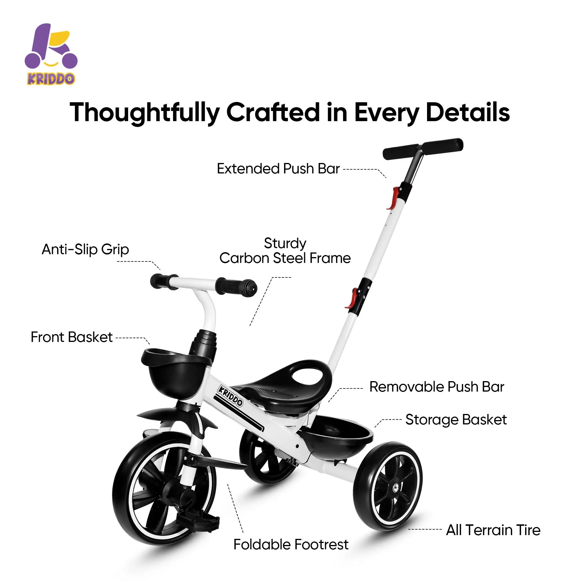 KRIDDO 2-in-1 Toddler Push Tricycle with Handle for 18 Months to 5 Years Old White