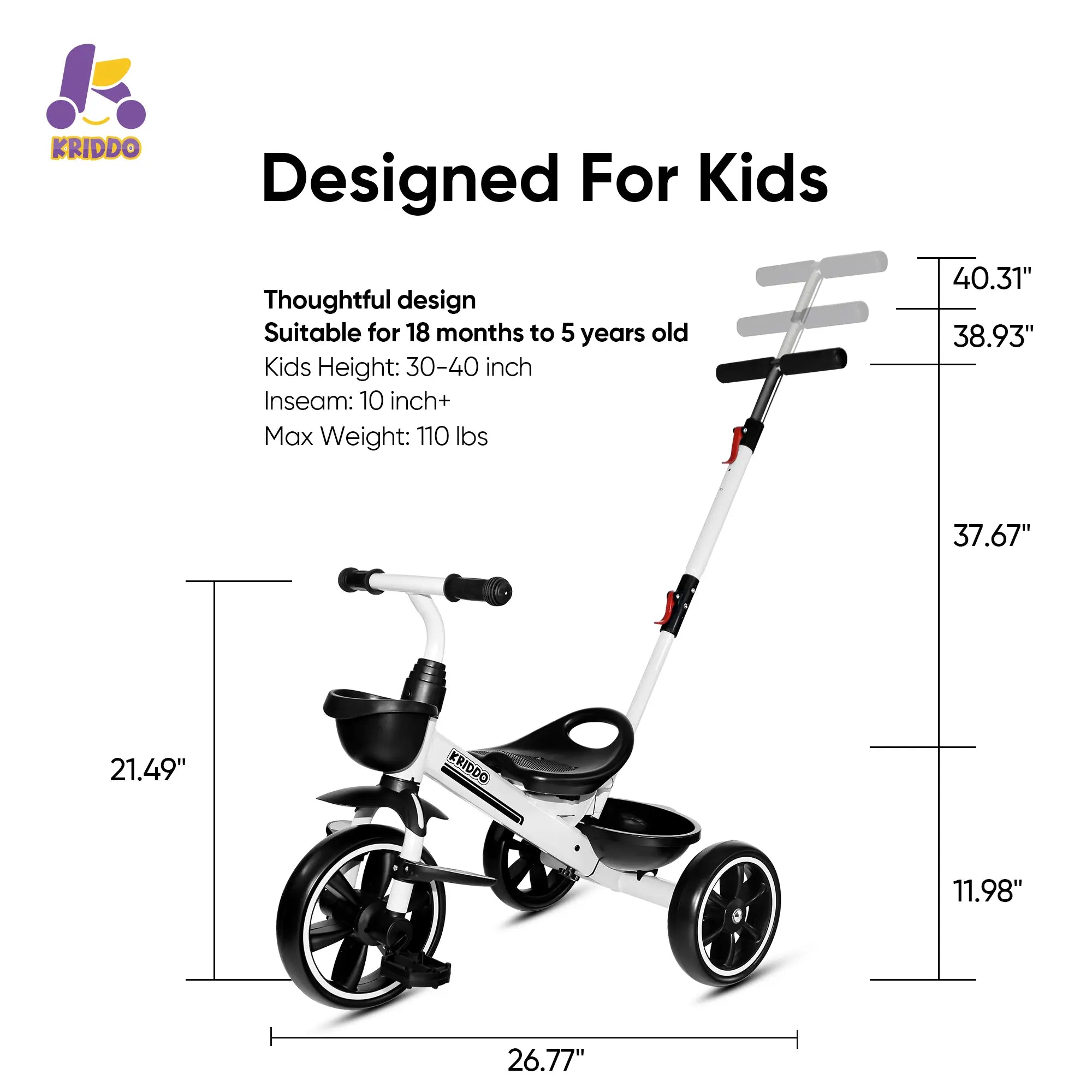 KRIDDO 2-in-1 Toddler Push Tricycle with Handle for 18 Months to 5 Years Old White