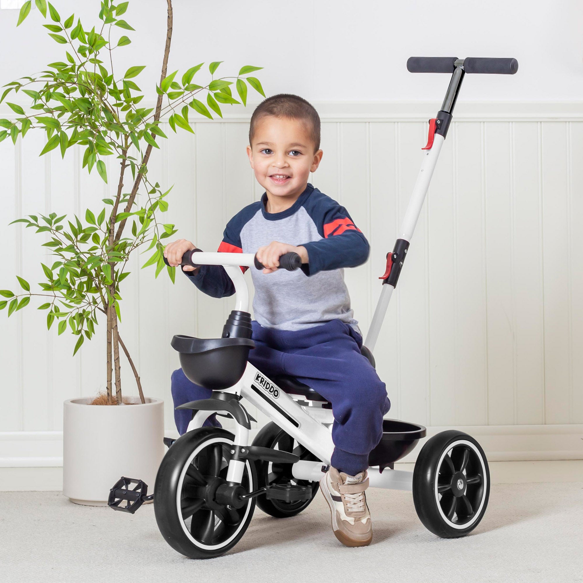 KRIDDO 2-in-1 Toddler Push Tricycle with Handle for 18 Months to 5 Years Old White