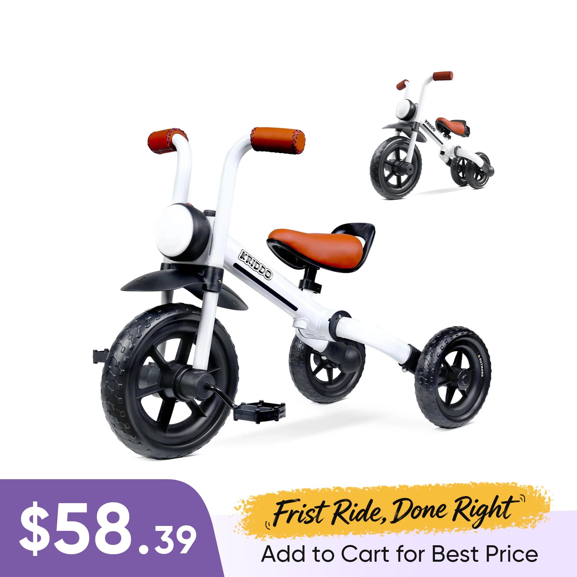 KRIDDO 2-in-1 Foldable Tricycle For Toddlers with Headlight For 2 to 5 Year Old White