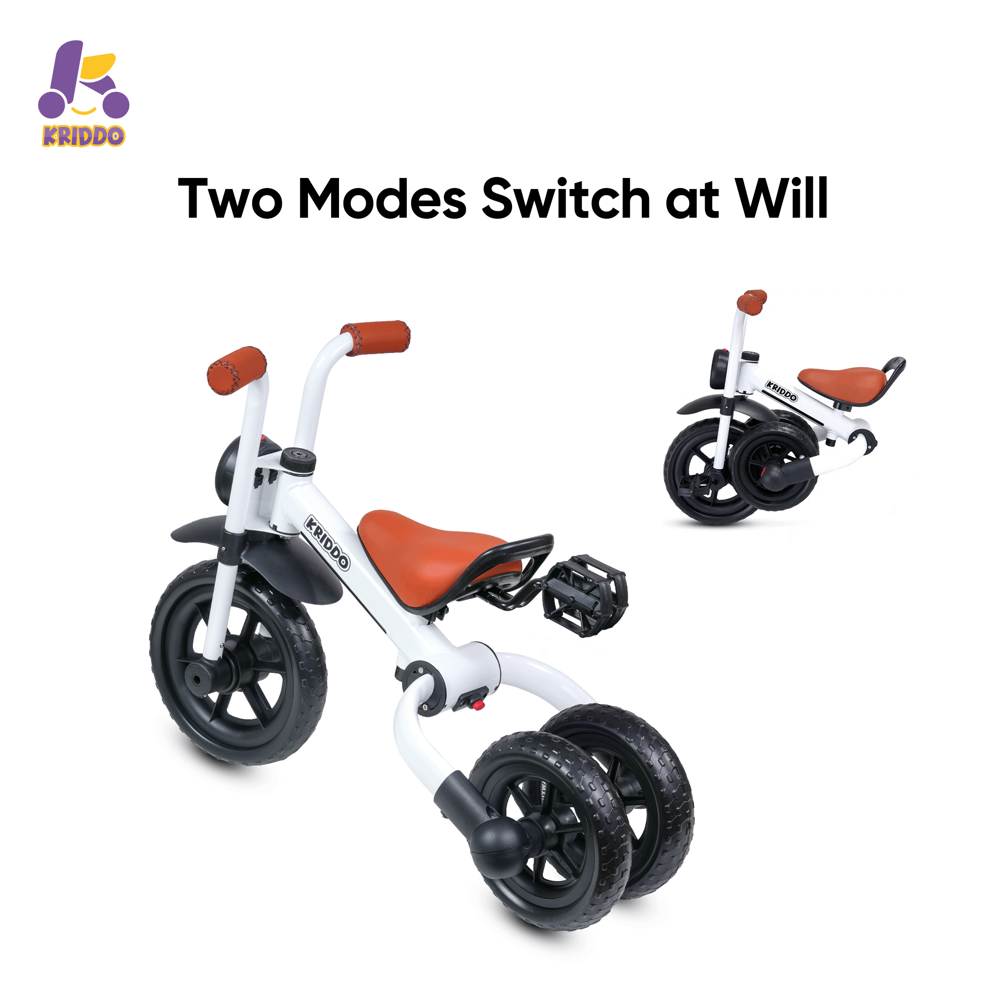 KRIDDO 2-in-1 Foldable Tricycle For Toddlers with Headlight For 2 to 5 Year Old White