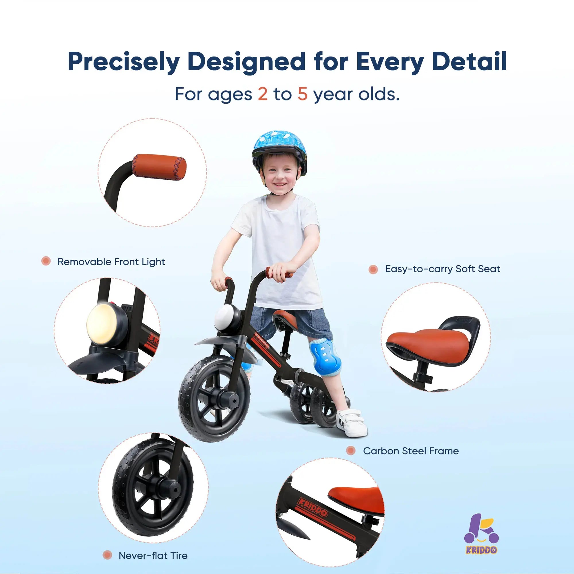 KRIDDO 2-in-1 Foldable Tricycle For Toddlers with Headlight For 2 to 5 Year Old Black