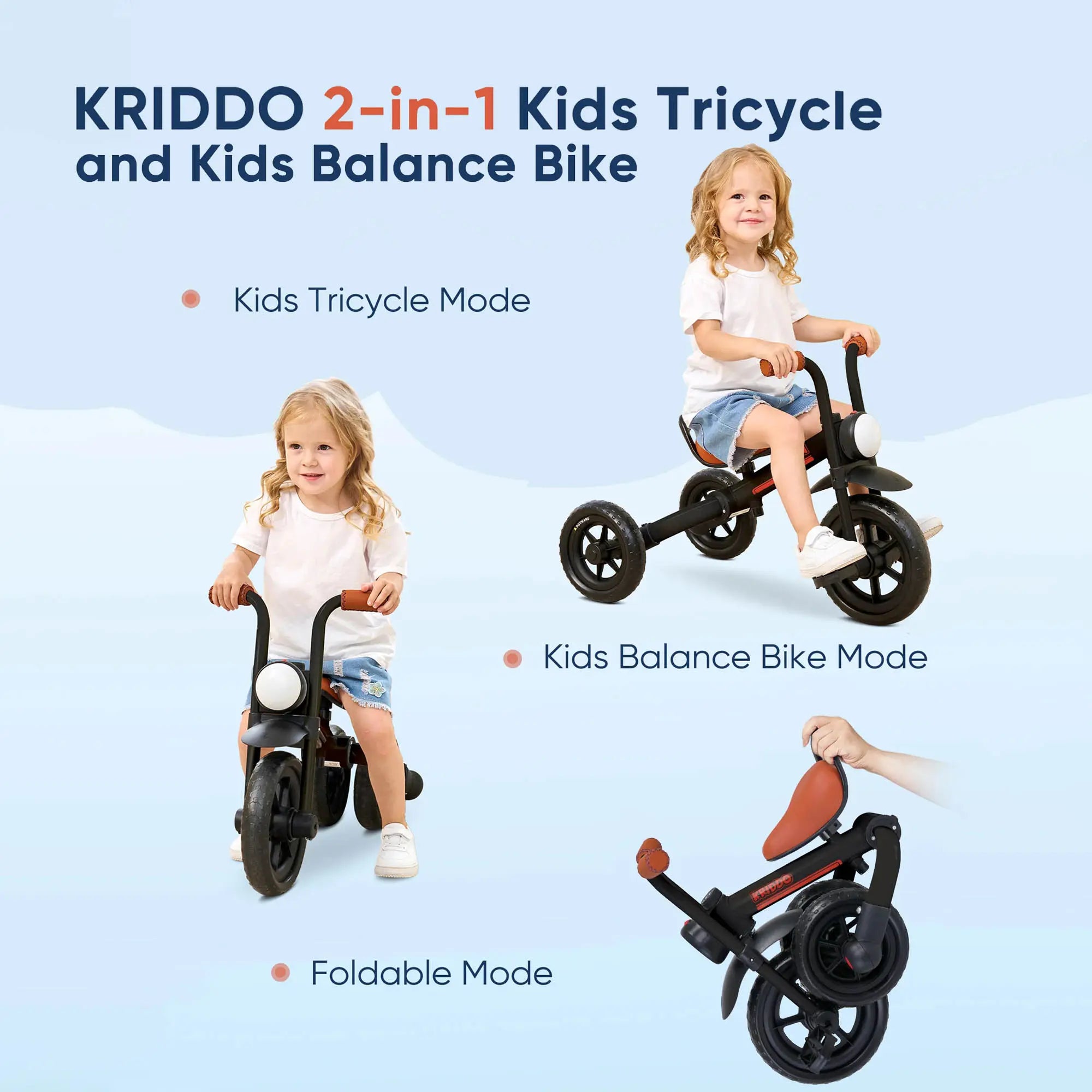 KRIDDO 2-in-1 Foldable Tricycle For Toddlers with Headlight For 2 to 5 Year Old Black