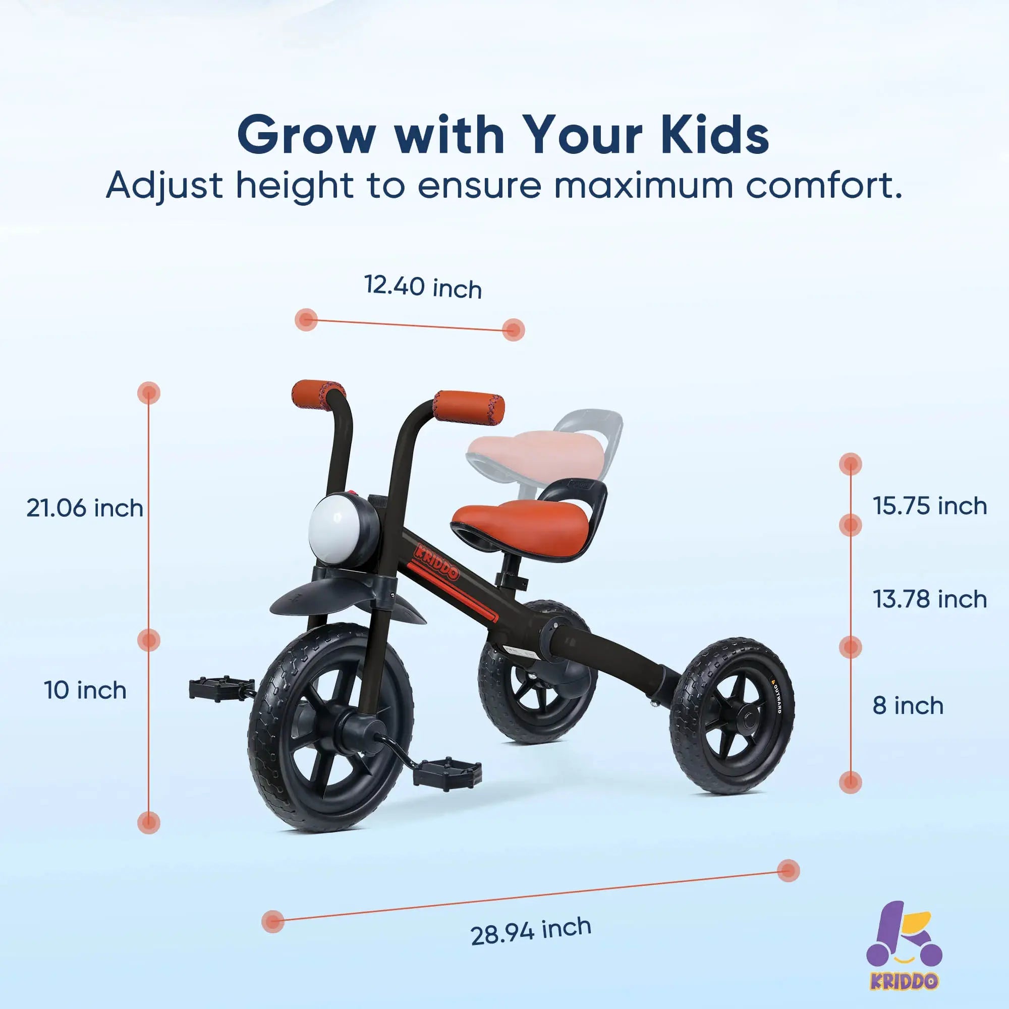 KRIDDO 2-in-1 Foldable Tricycle For Toddlers with Headlight For 2 to 5 Year Old Black