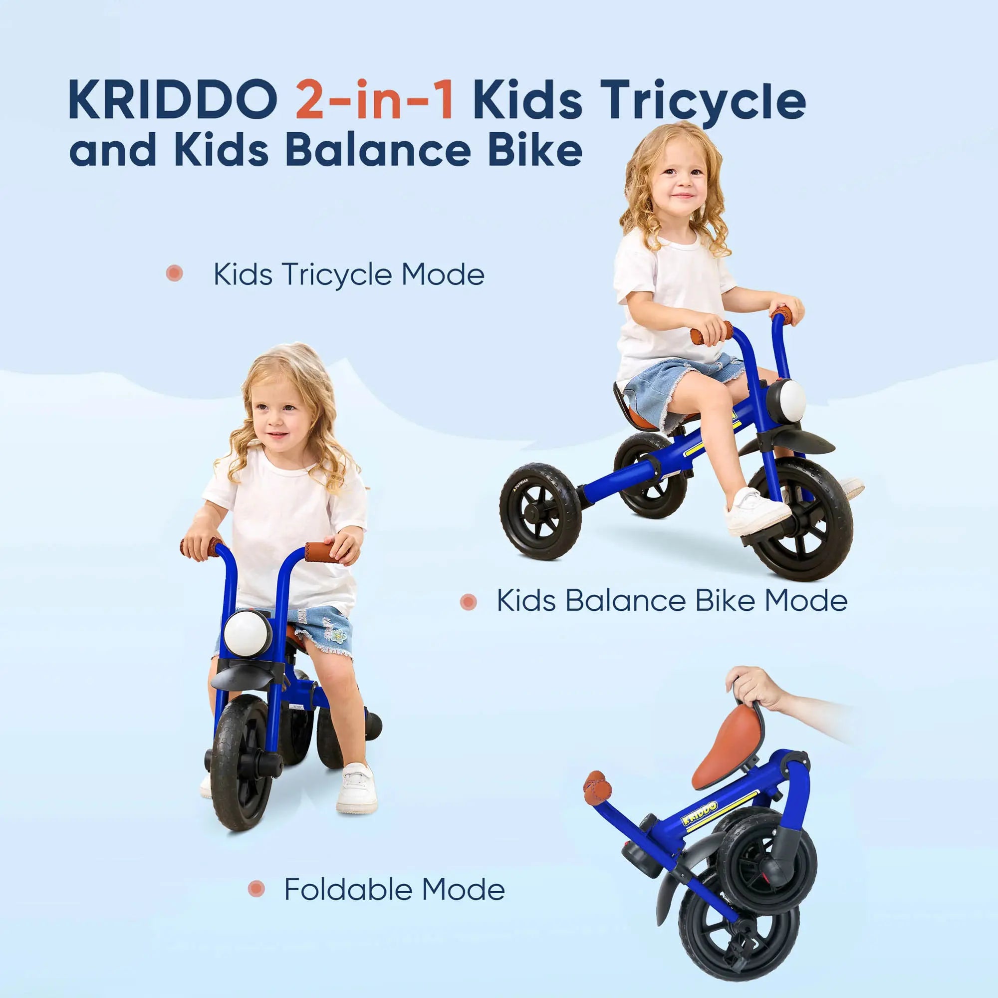 KRIDDO 2-in-1 Foldable Tricycle For Toddlers with Headlight For 2 to 5 Year Old Blue