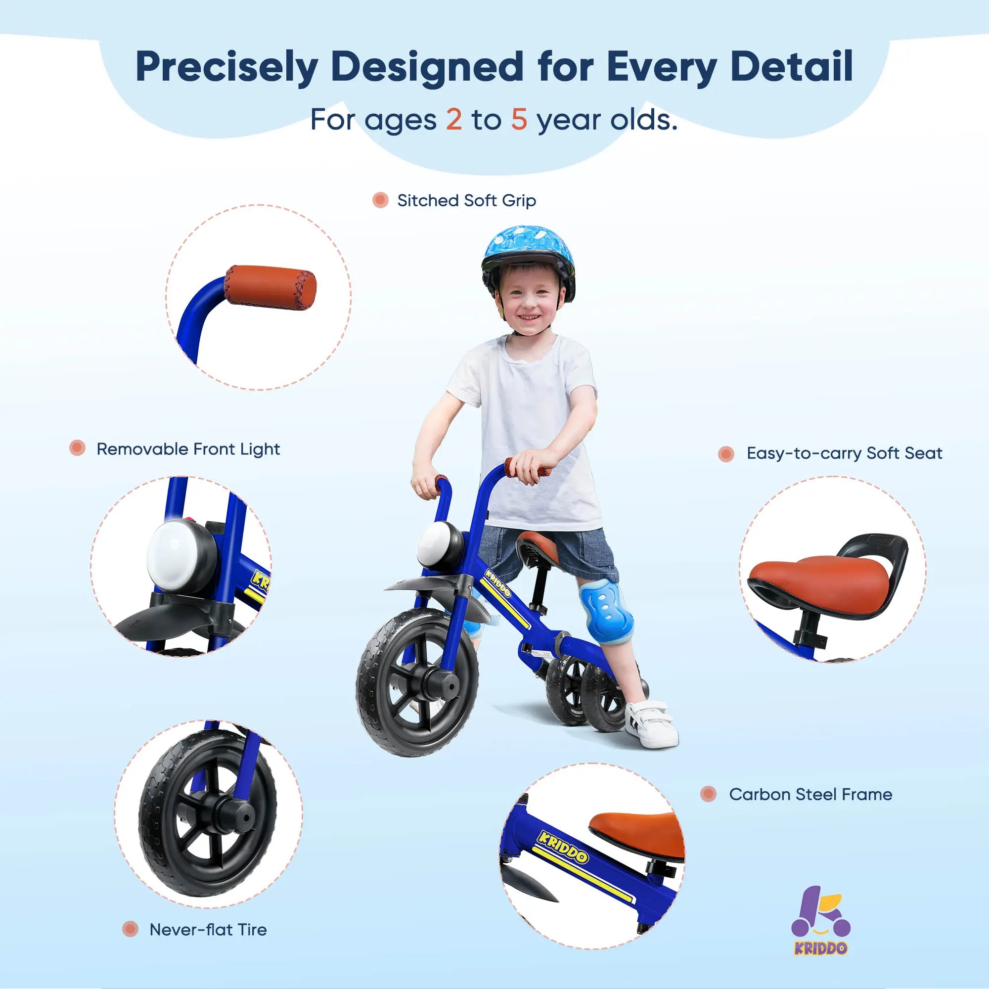 KRIDDO 2-in-1 Foldable Tricycle For Toddlers with Headlight For 2 to 5 Year Old Blue