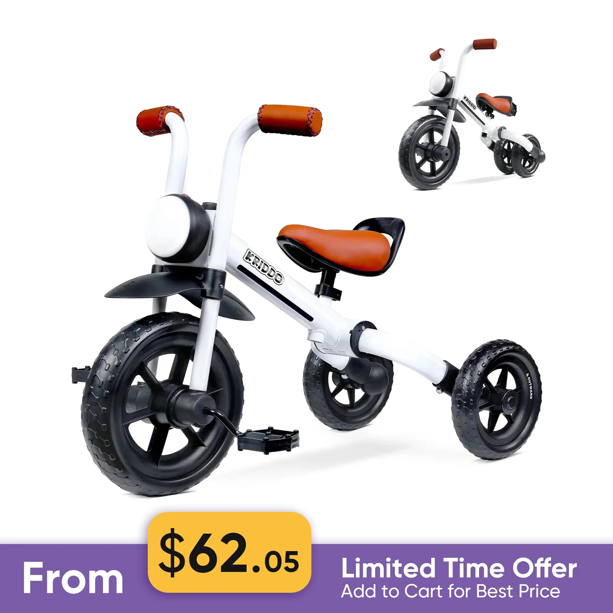 KRIDDO 2-in-1 Foldable Tricycle For Toddlers with Headlight For 2 to 5 Year Old White
