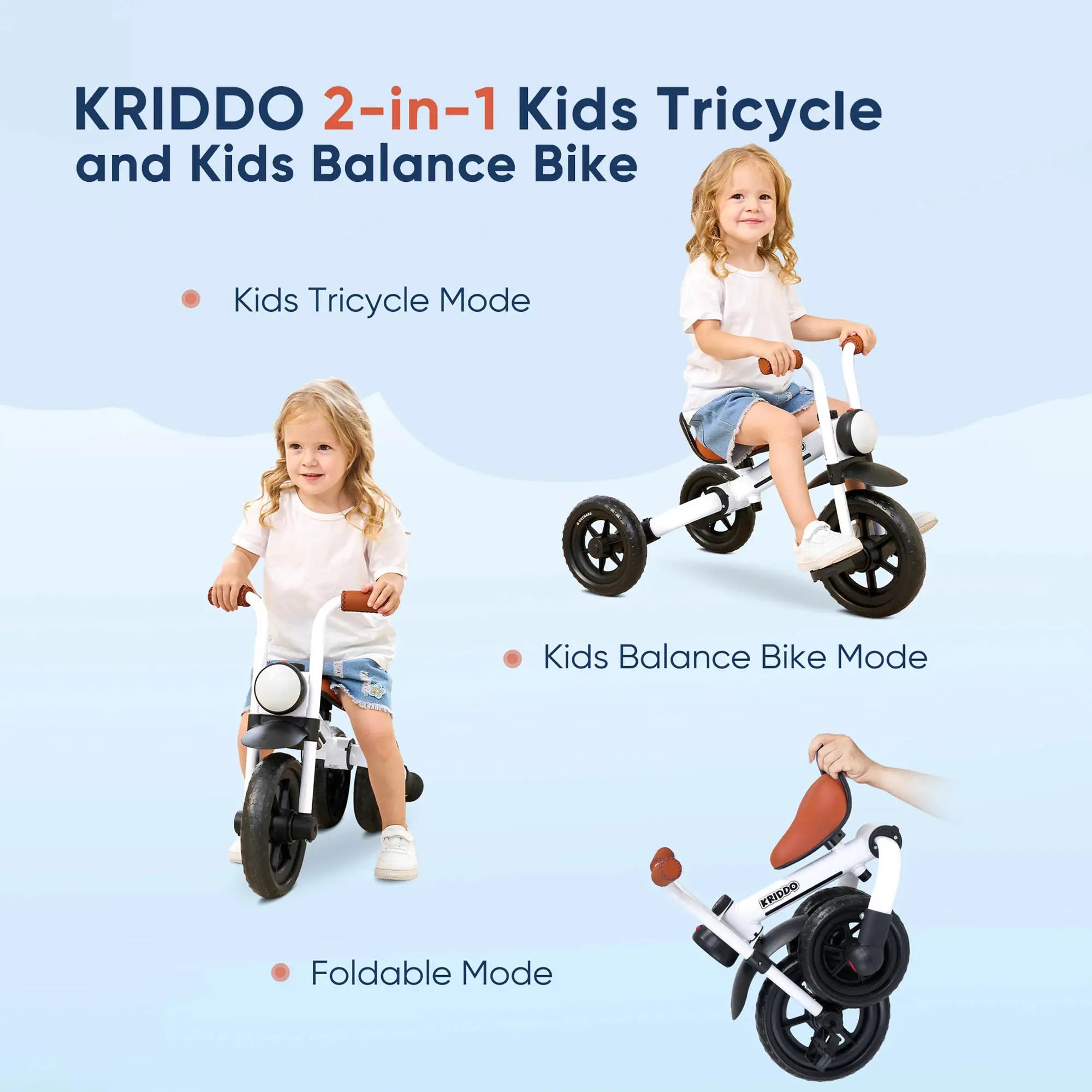 KRIDDO 2-in-1 Foldable Tricycle For Toddlers with Headlight For 2 to 5 Year Old White