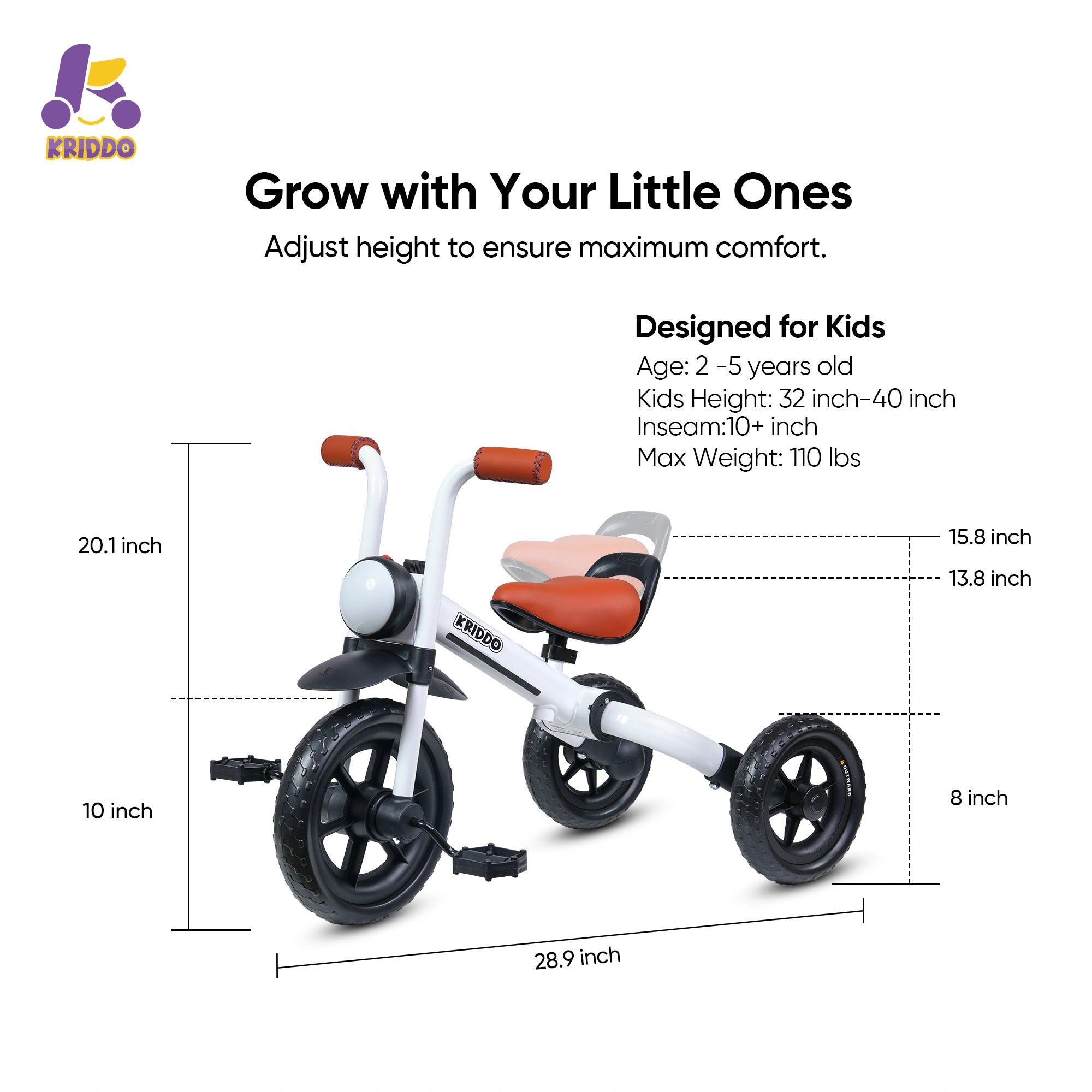 KRIDDO 2-in-1 Foldable Tricycle For Toddlers with Headlight For 2 to 5 Year Old White