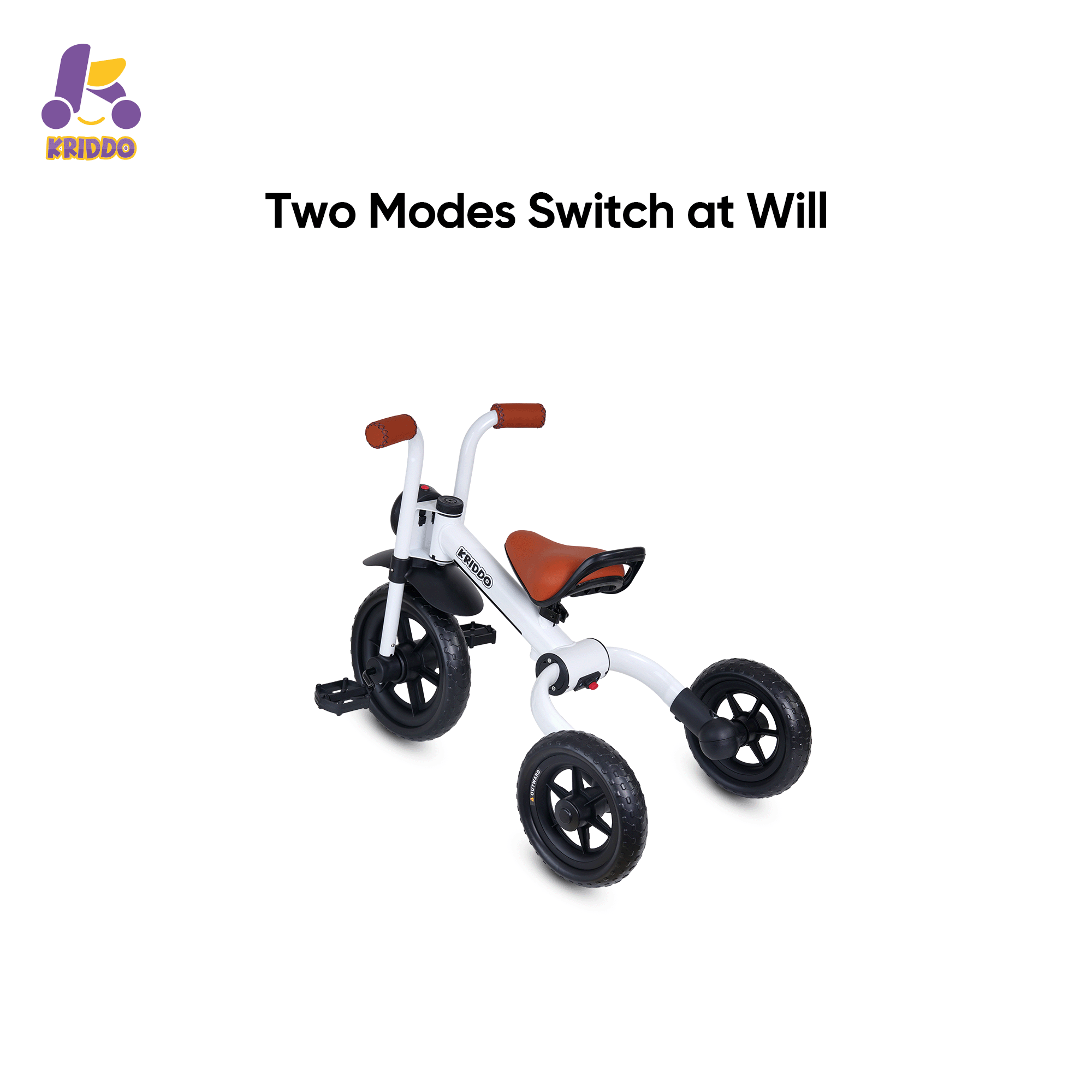 KRIDDO 2-in-1 Foldable Tricycle For Toddlers with Headlight For 2 to 5 Year Old White