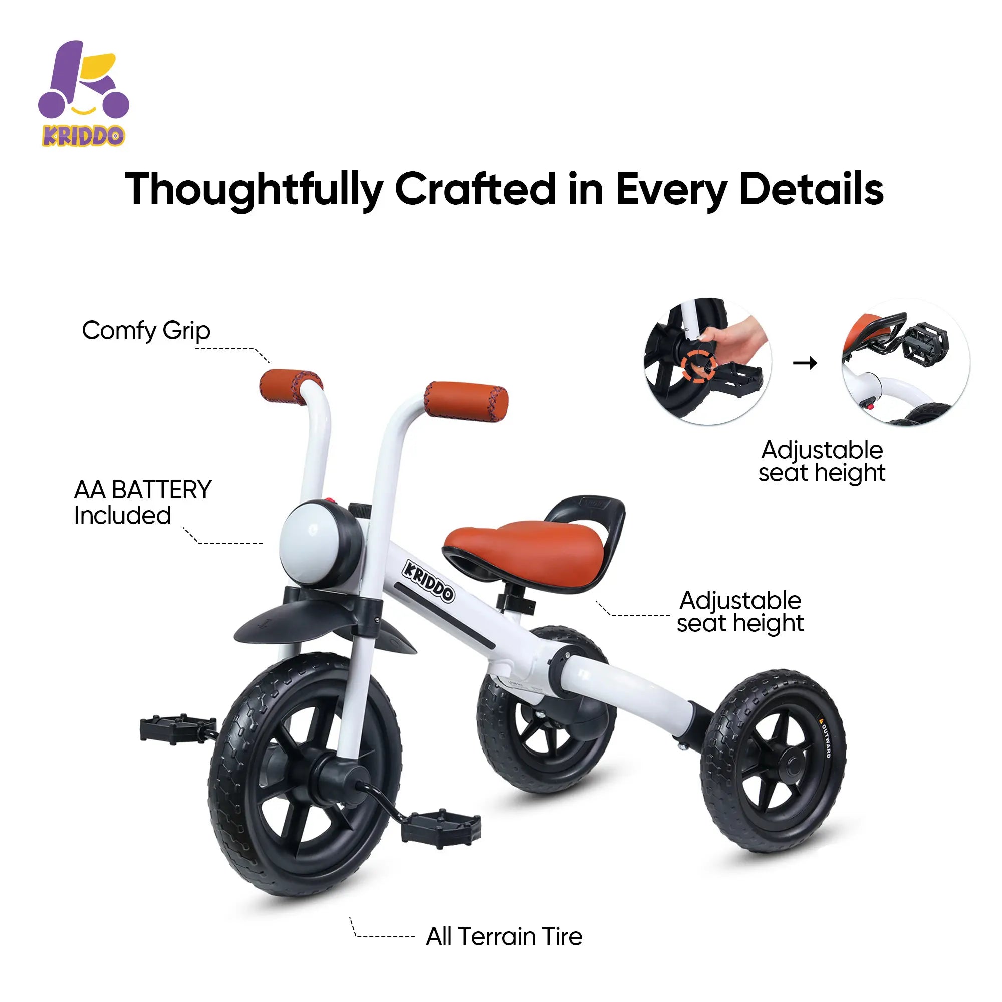 KRIDDO 2-in-1 Foldable Tricycle For Toddlers with Headlight For 2 to 5 Year Old White