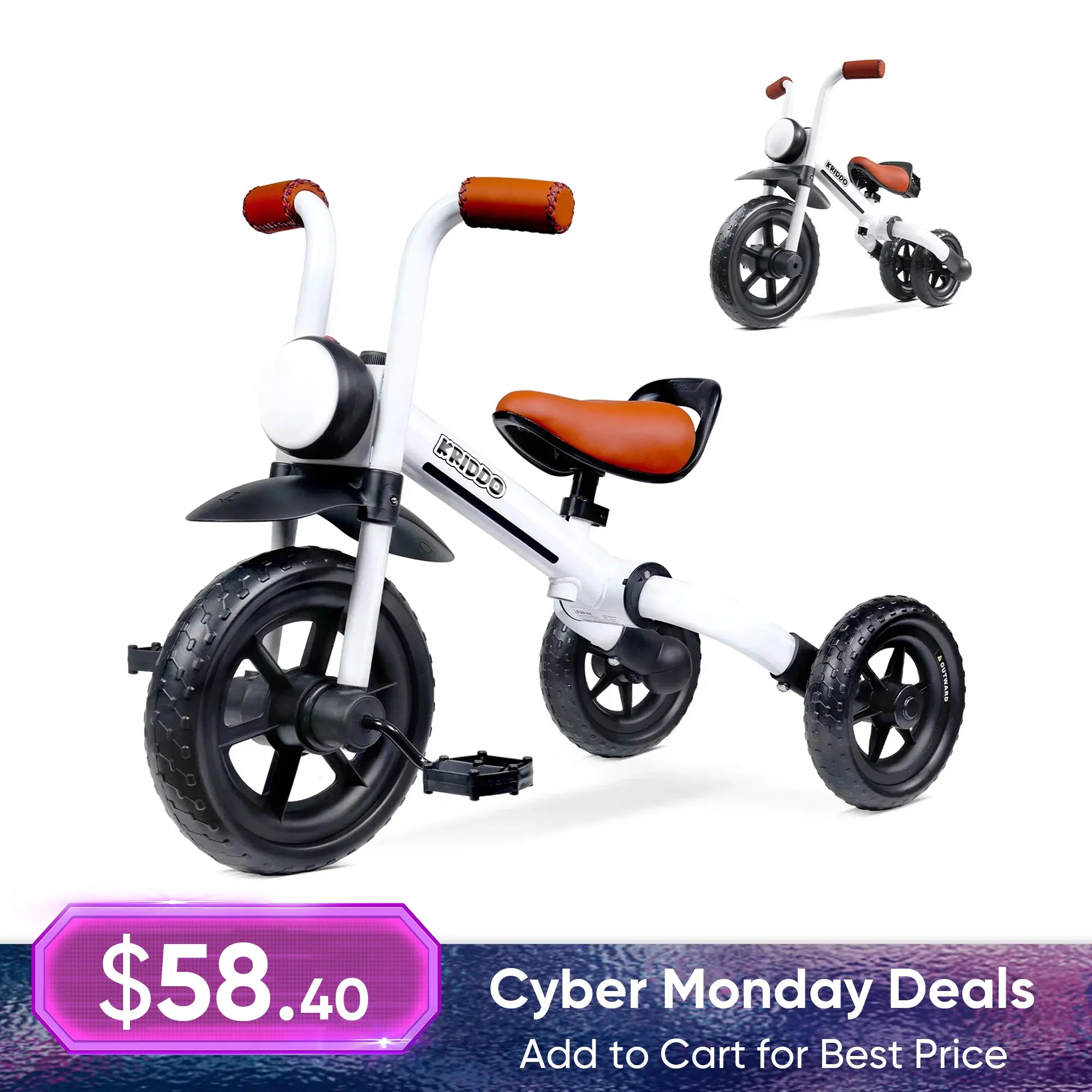 KRIDDO 2-in-1 Foldable Tricycle For Toddlers with Headlight For 2 to 5 Year Old White