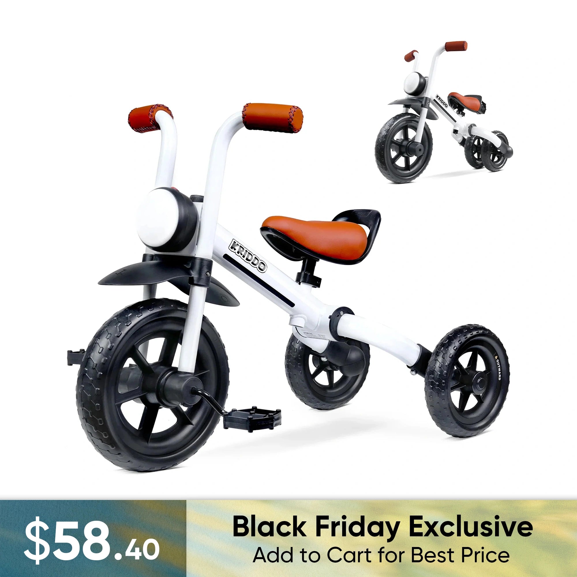 KRIDDO 2-in-1 Foldable Tricycle For Toddlers with Headlight For 2 to 5 Year Old White