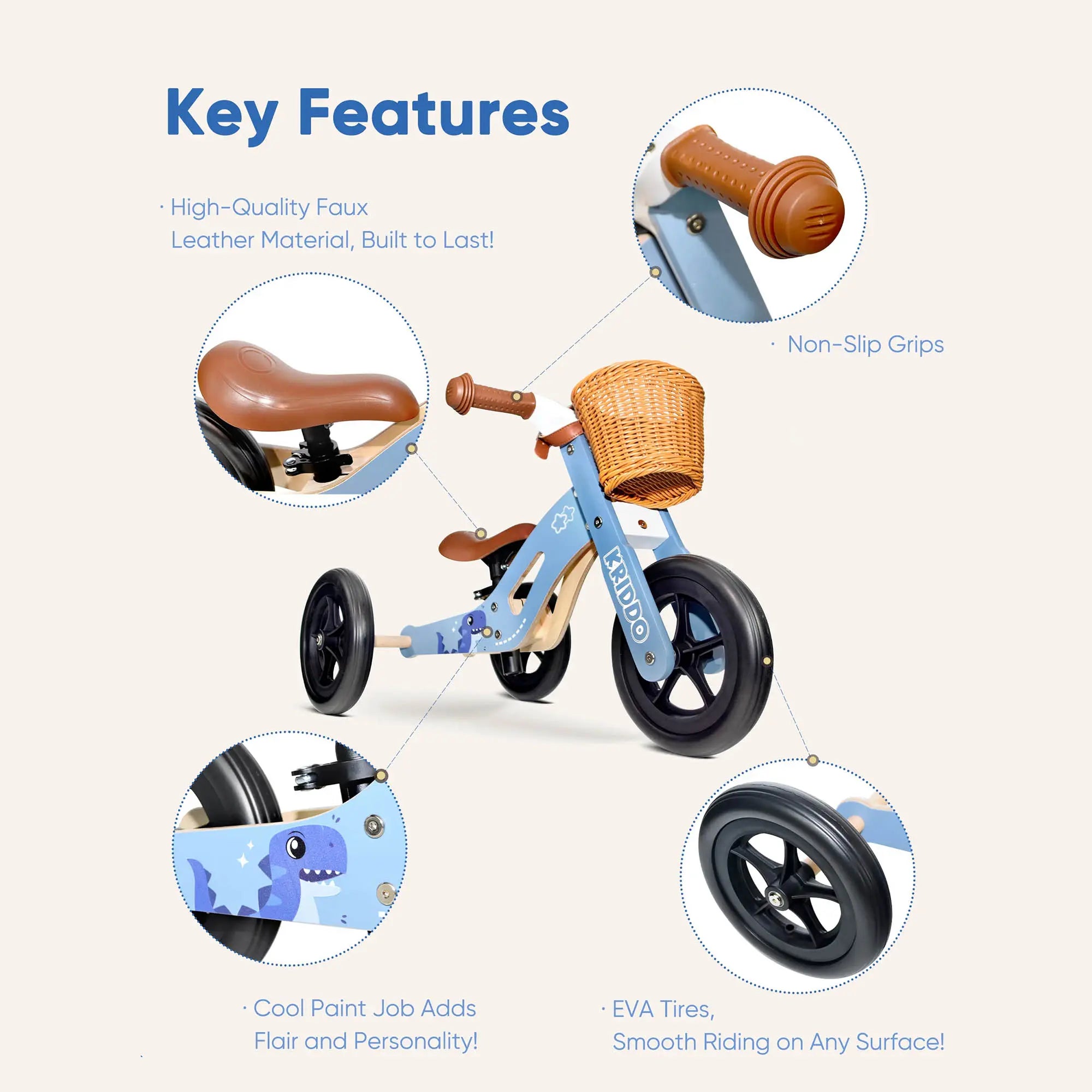 KRIDDO Kids Wooden Tricycle with Adjustable Seat for 1 to 4 Years Old Blue