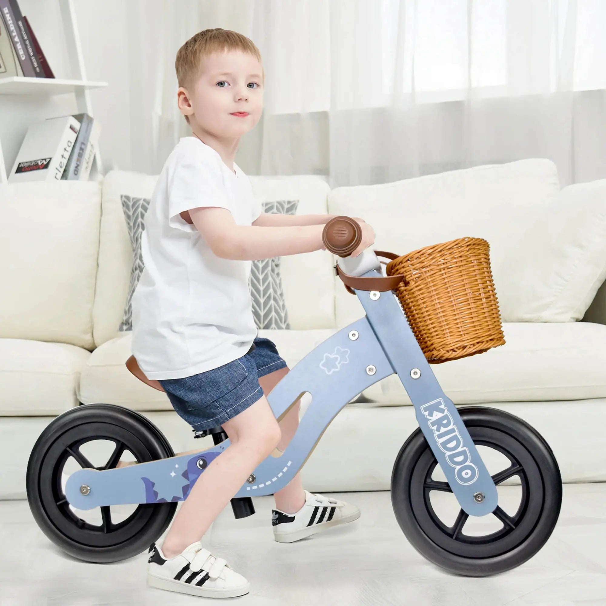 KRIDDO Kids Wooden Tricycle with Adjustable Seat for 1 to 4 Years Old Blue