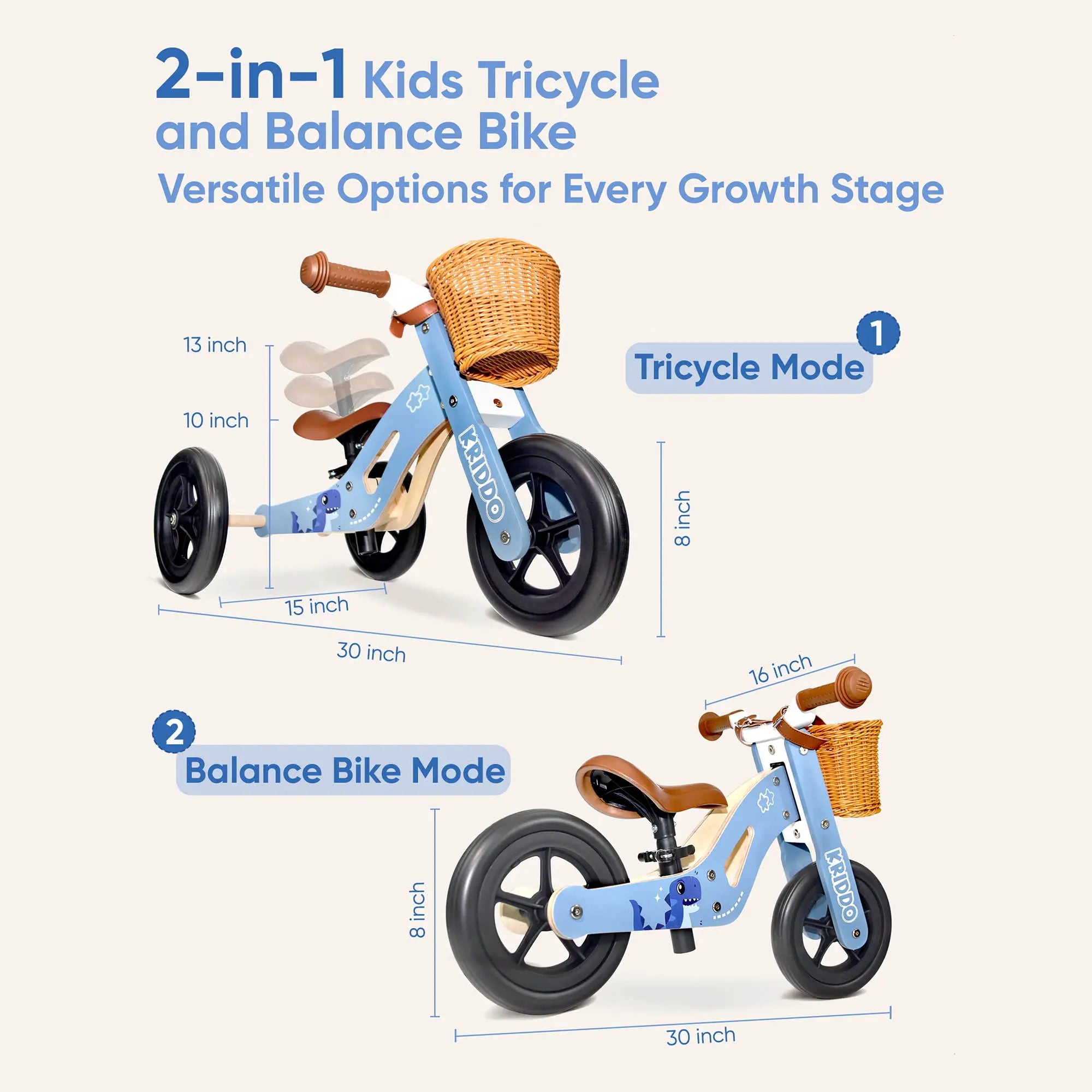 KRIDDO Kids Wooden Tricycle with Adjustable Seat for 1 to 4 Years Old Blue