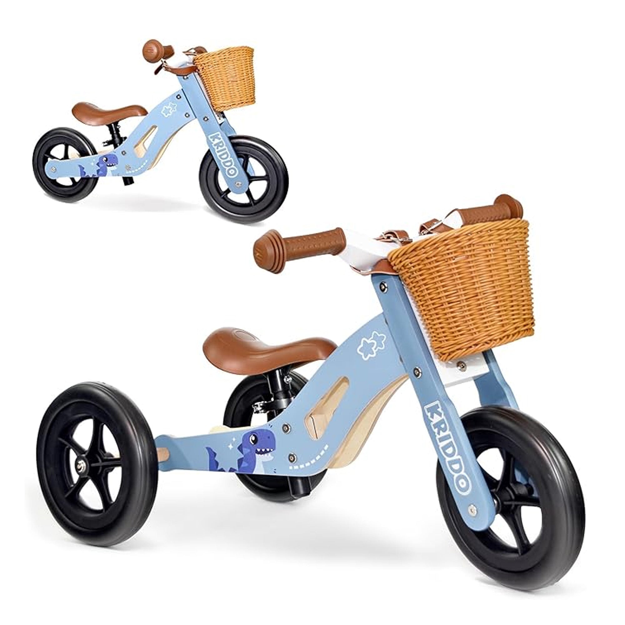 KRIDDO Kids Wooden Tricycle with Adjustable Seat for 1 to 4 Years Old Blue