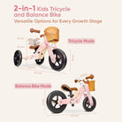 KRIDDO Kids Wooden Tricycle with Adjustable Seat for 1 to 4 Years Old Pink